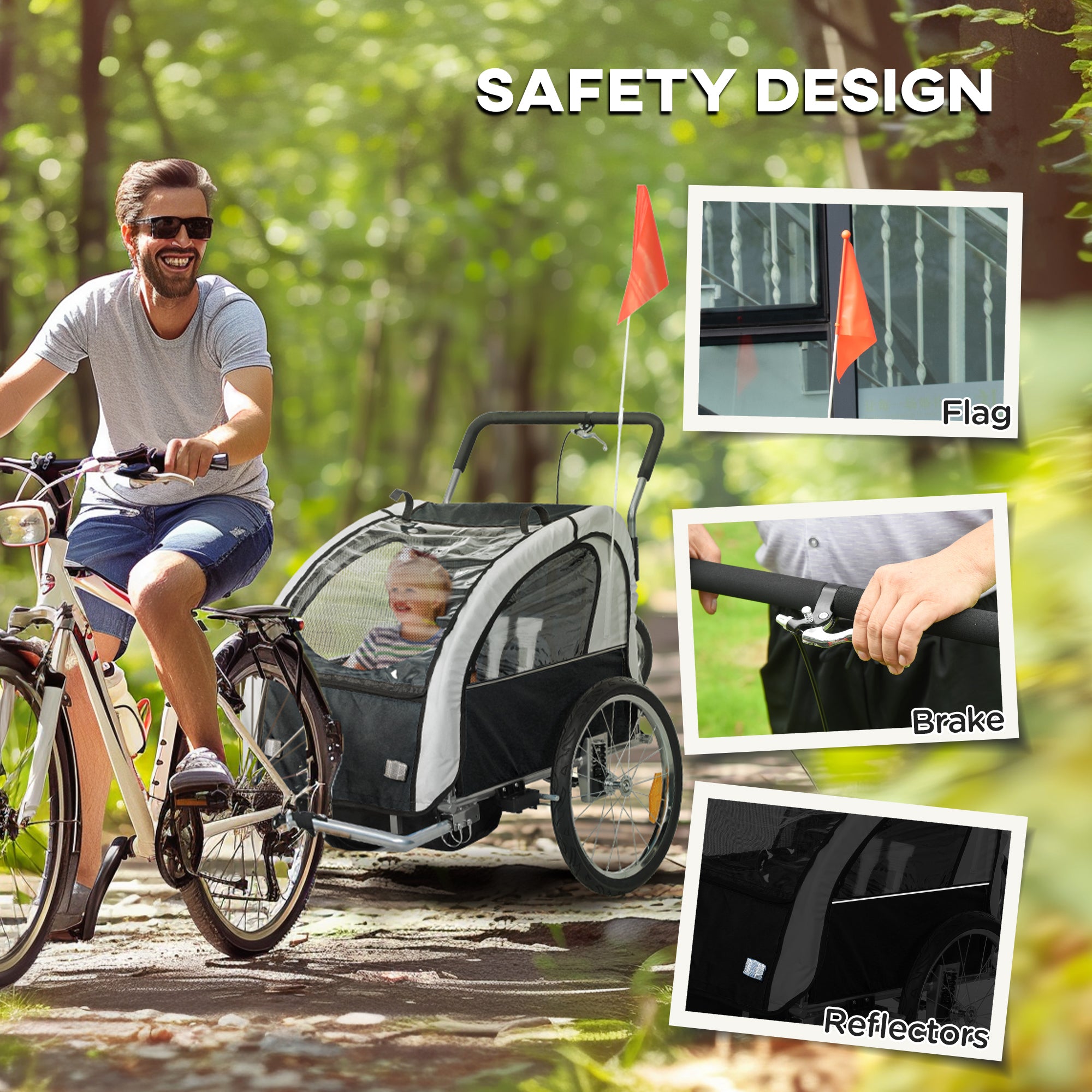 2 Seat Bike Trailer with 5 Point Harness, Baby Bike Stroller with Safety Flag, Reflectors, for 18+ Months, Black