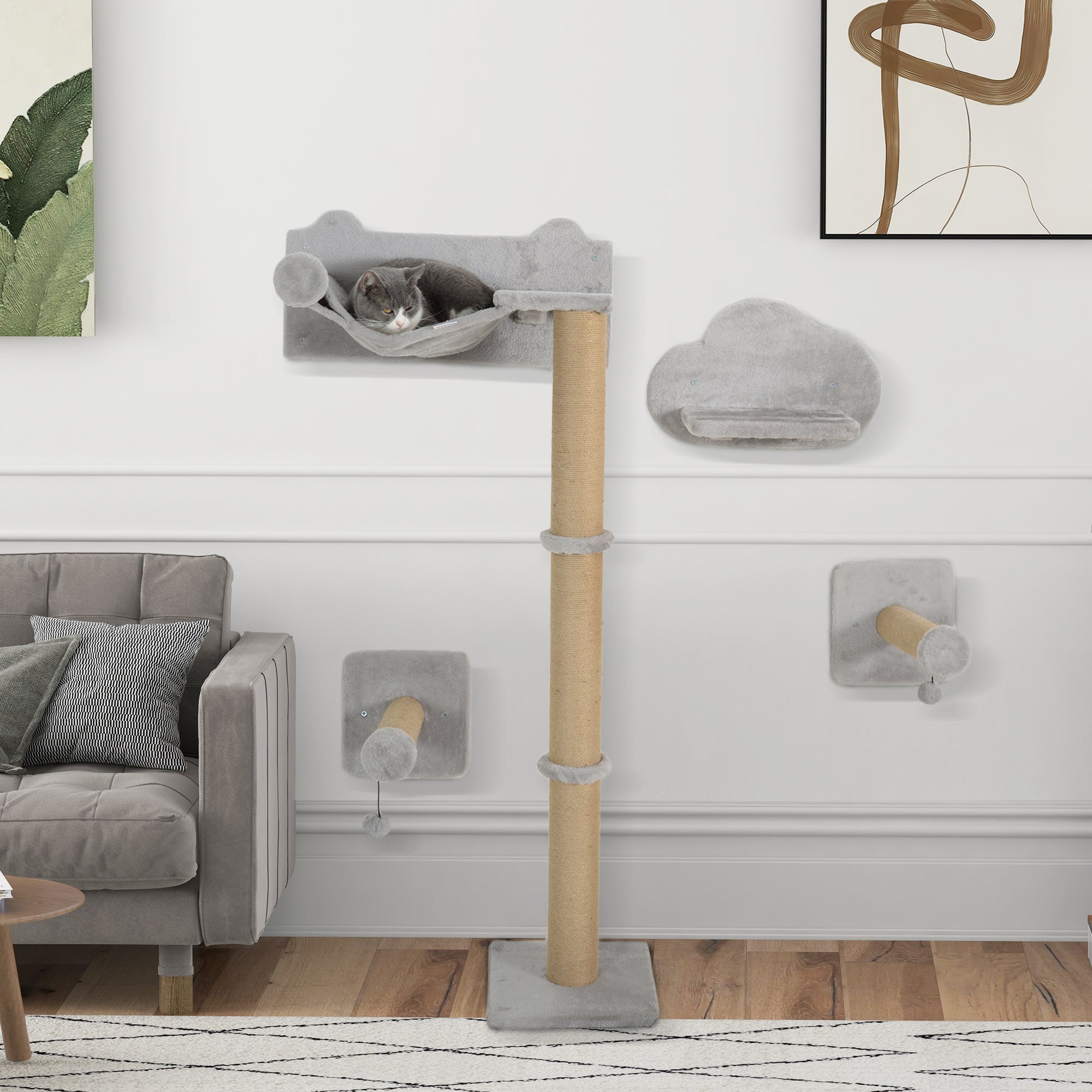 4 Piece Cat Shelves w/ Scratching Post, Steps, Jumping Platform, Ladder, Toy Balls, for Indoor Cats, Light Grey