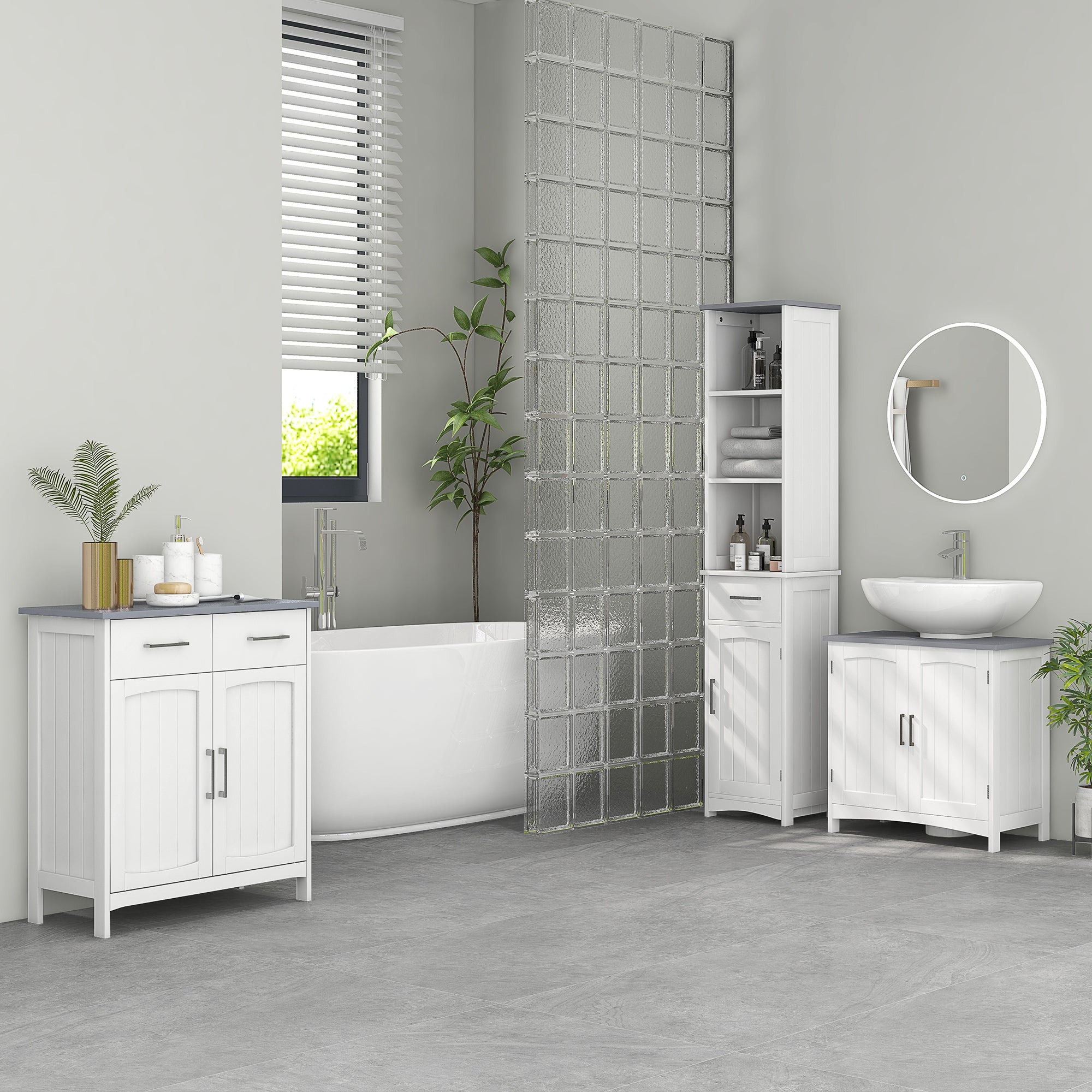 Bathroom Furniture Set with Adjustable Shelves, Tall Bathroom Storage Cabinet with Open Shelves, Bathroom Floor Cabinet with Drawers, Pedestal Sink Cabinet, White