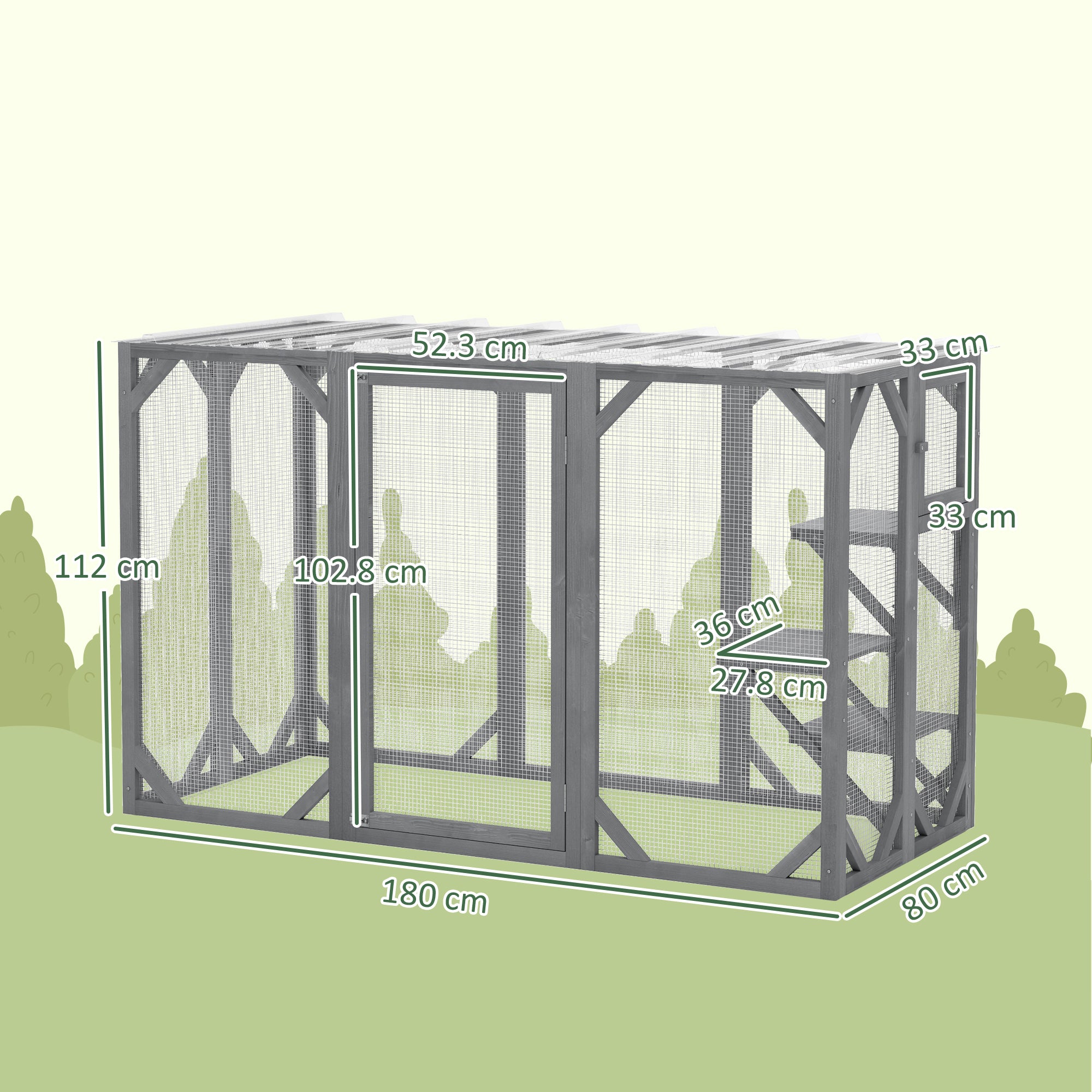 71" Outdoor Wooden Cat House with Three Platforms, Large Door, Water-Resistant Roof, for Multiple Cats, Grey
