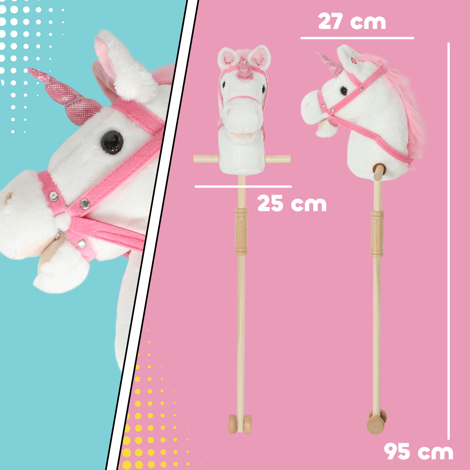 Unicorn Stick Horse with Wood Wheels, Real Pony Neighing and Galloping Sounds, Grip Handle, 95 cm, White