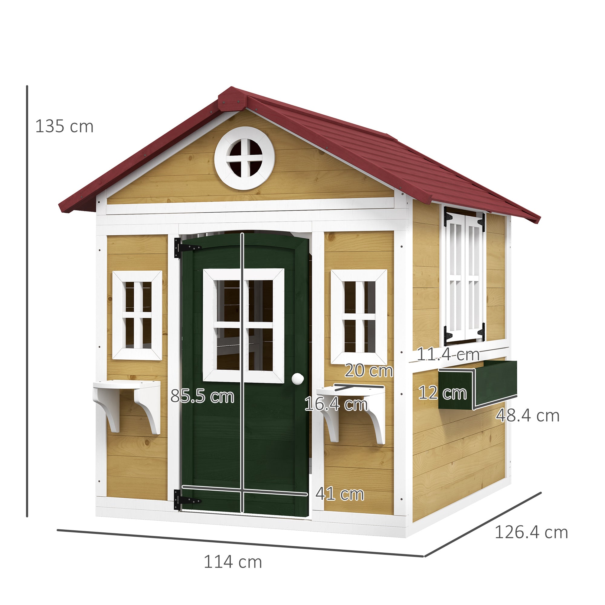 Wooden Playhouse with Doors, Windows, Plant Pots for Kids 3-8 Years - Beige