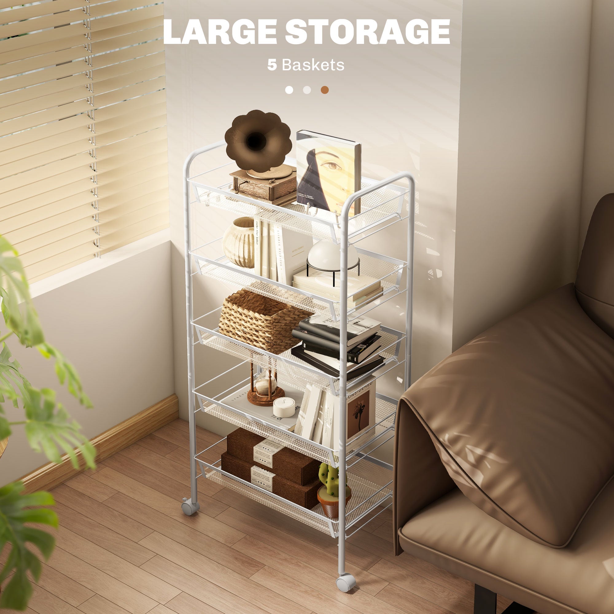 Five-Steel Mesh Basket Storage Trolley, with Wheels - White