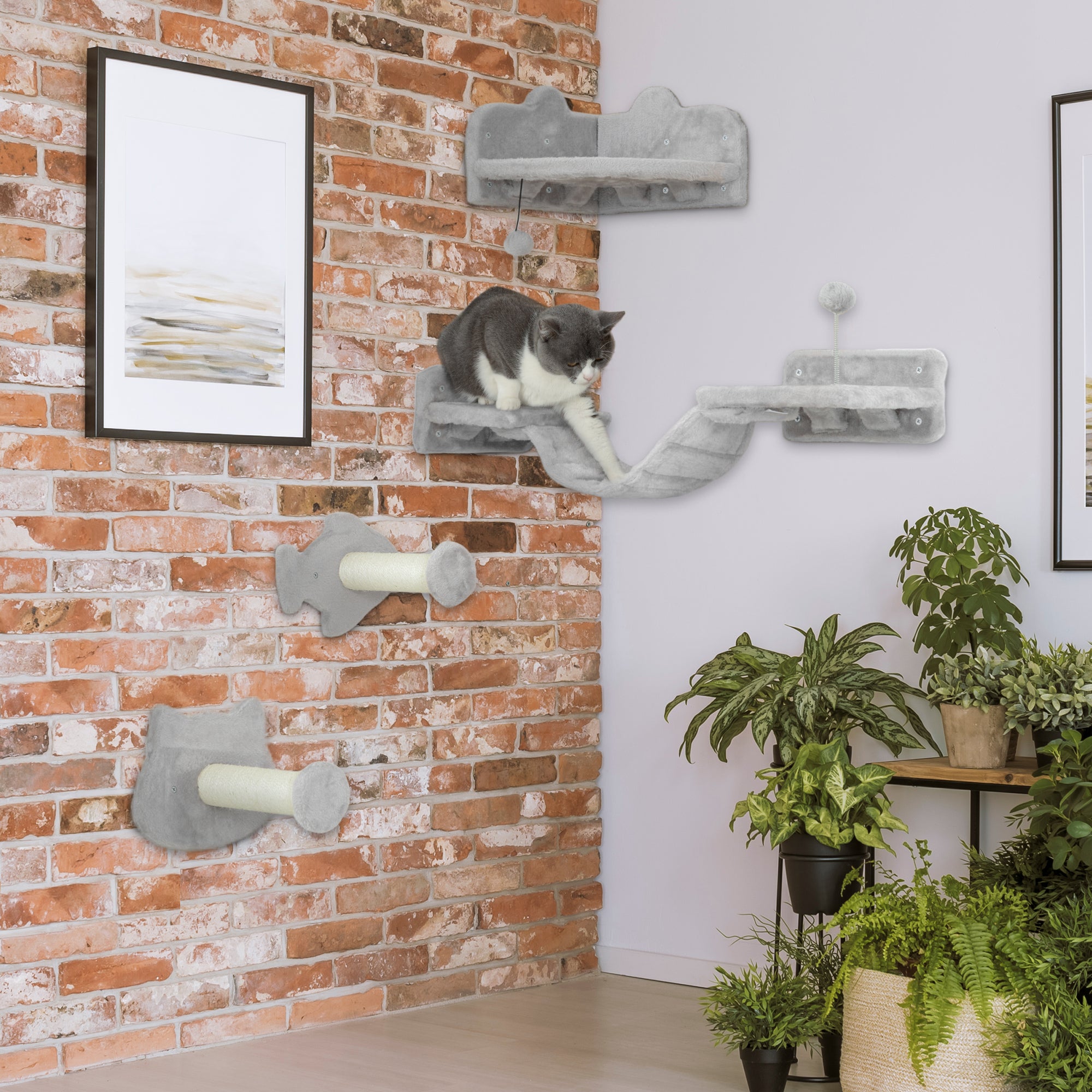 4PCs Cat Wall Shelves with Steps, Ladder, Jumping Platforms, Light Grey