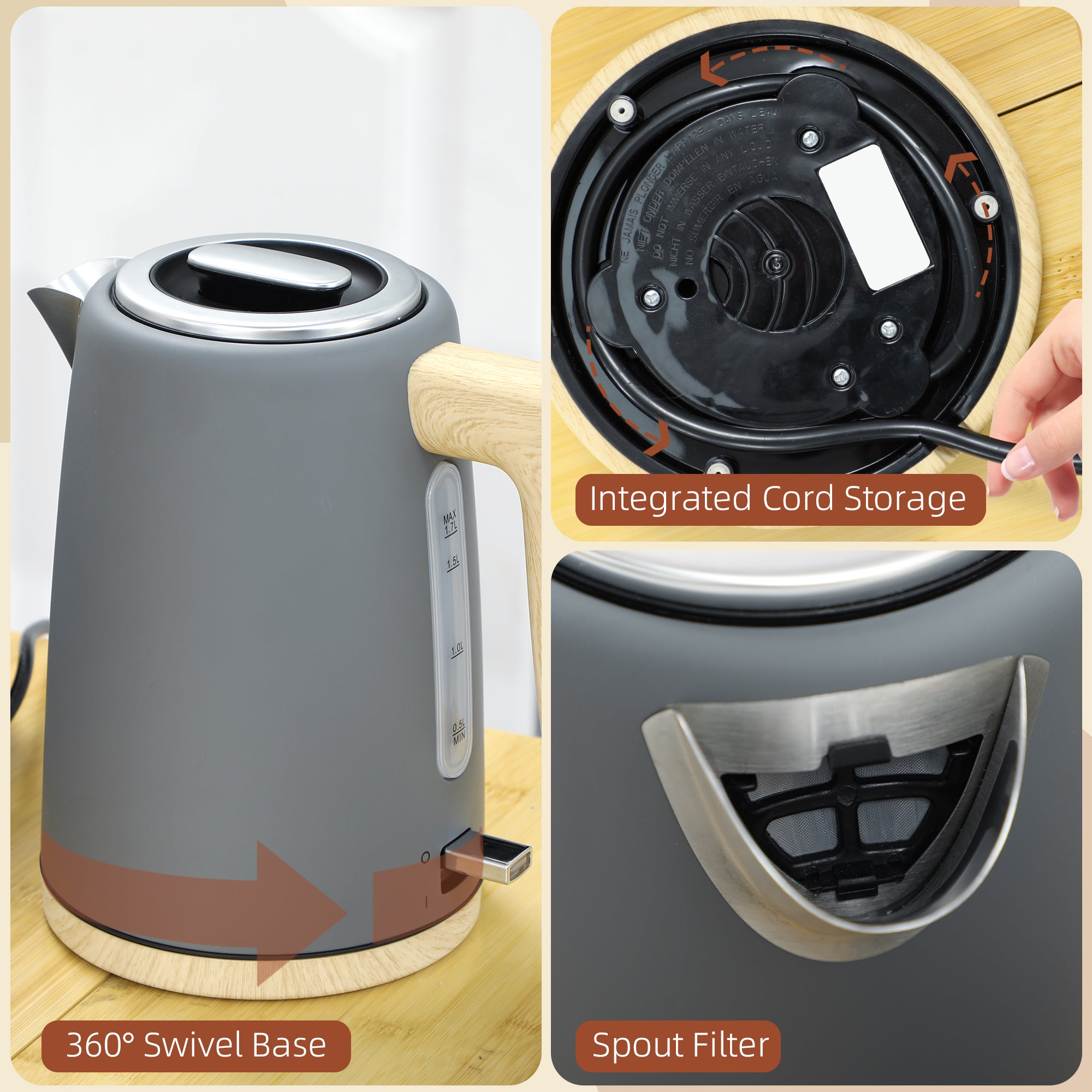 Kettle and Toaster Set, 1.7L 3000W Fast Boil Kettle & 2 Slice Toaster Kitchen Set with 7 Level Browning Controls, Defrost, Reheat, Auto Off, Boil-dry Protection, Grey