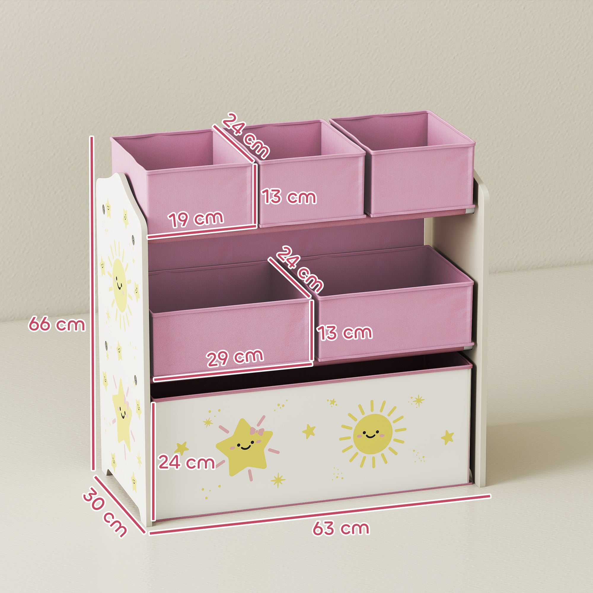 Kids Toy Storage Units, 3-Tier Toy Organiser Shelf with 6 Removable Boxes for Kids, Bedroom, Playroom, Pink