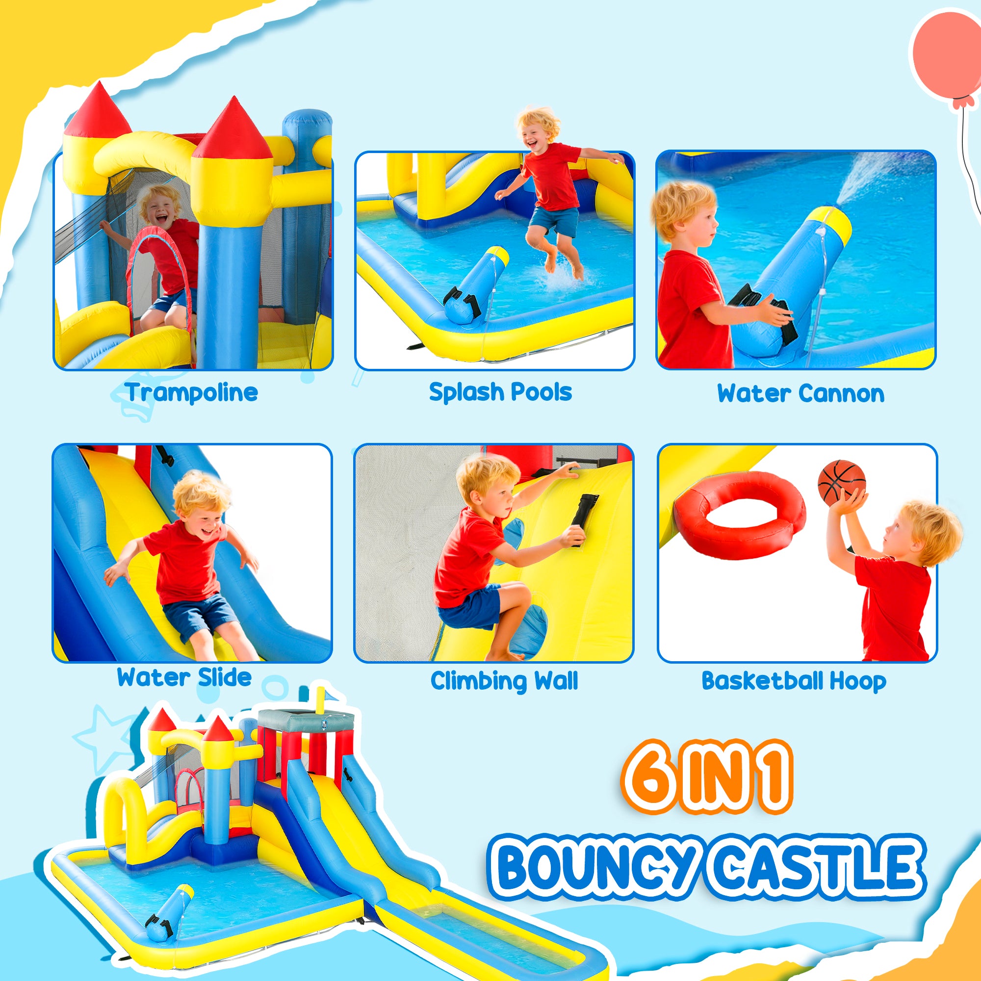 Inflatable Bouncy Castle, Kids Water Bounce House 6 in 1 with 550W Blower, 2 Slides for Garden, Party, Outdoor Indoor