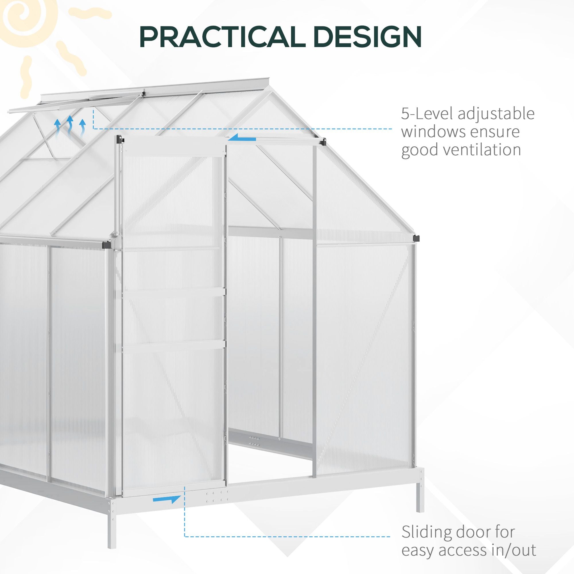 190 x 253 cm Walk-In Polycarbonate Greenhouse - Silver-Tone