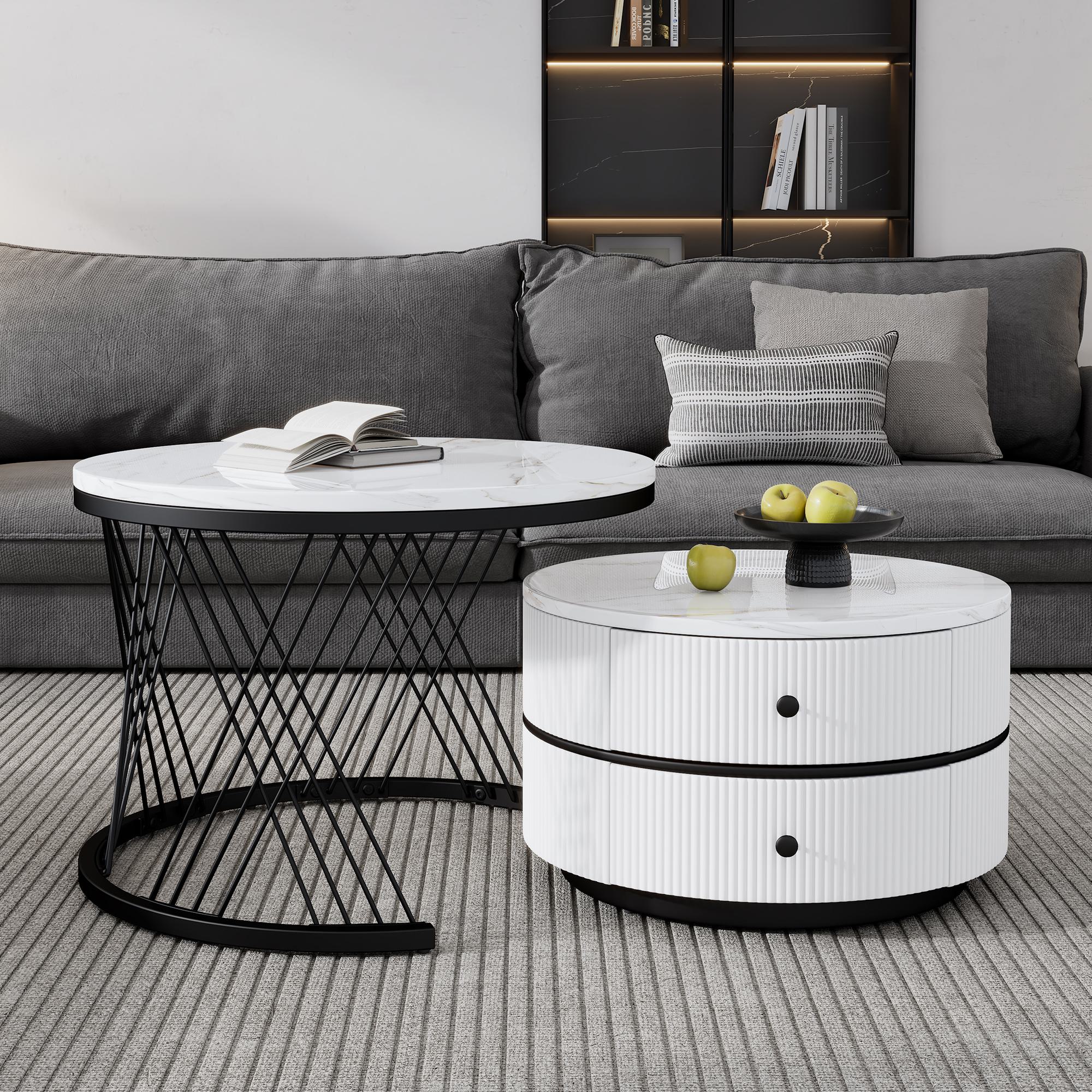 2 Piece High Gloss Round Nesting Coffee Table Set with Marble-Effect Top, Living Room Tables with Storage Drawers, White+Black