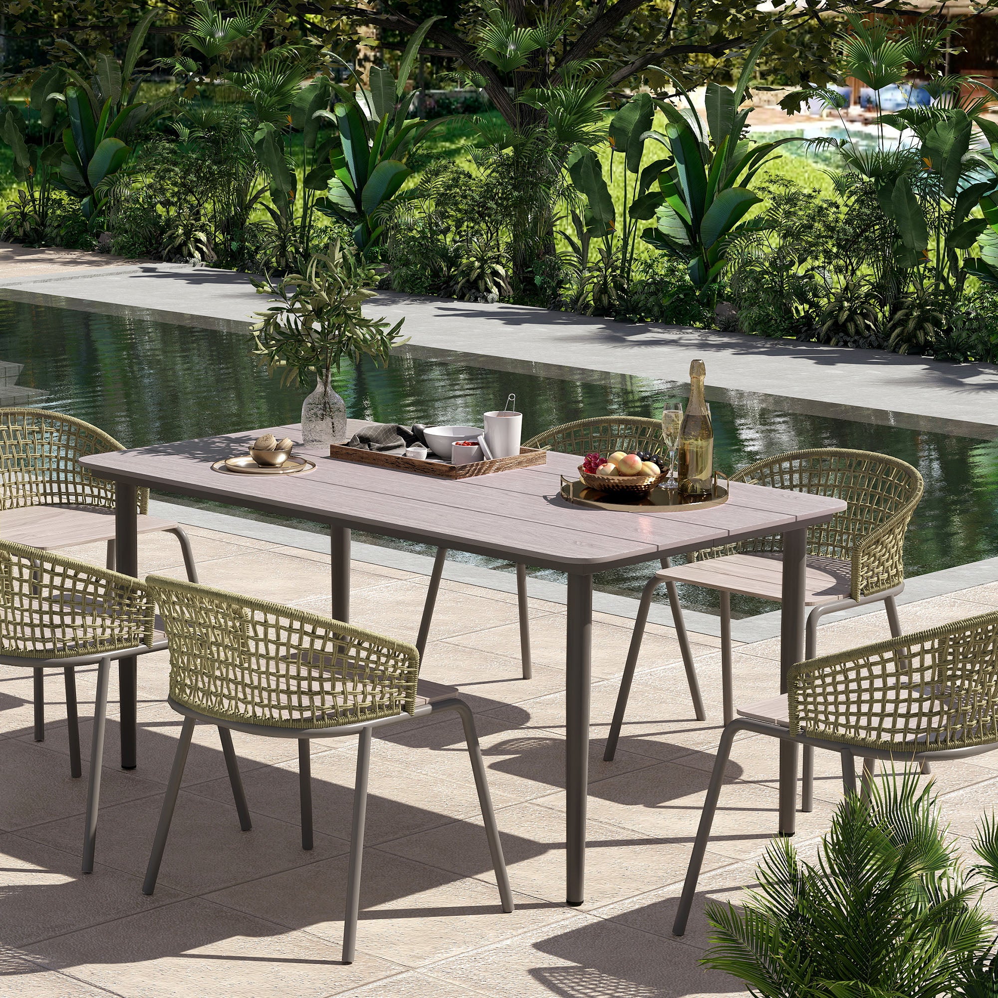 6 Seater Outdoor Garden Dining Table with Rust Resistant Metal Frame Light Grey