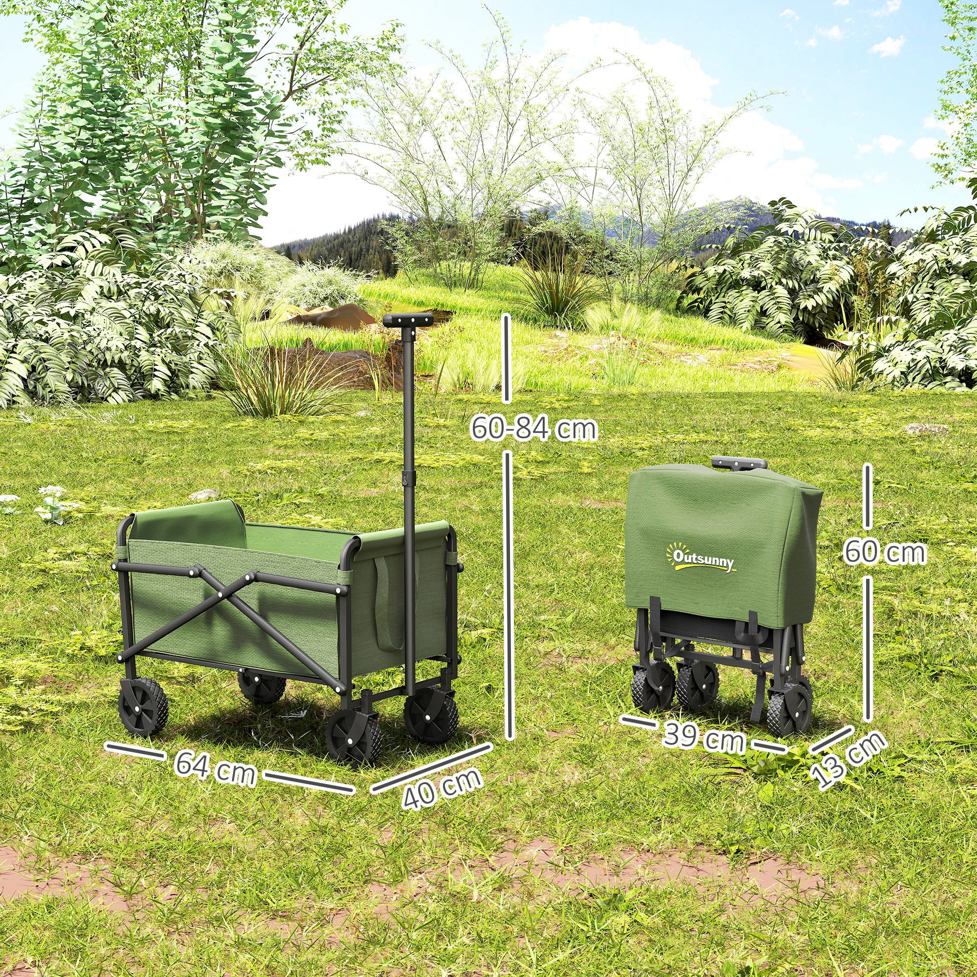 62L Festival Trolley on Wheels, Portable Small Folding Trolley Cart, 60kg Heavy Duty Collapsible Foldable Wagon with Adjustable Handle and Carrying Bag for Beach, Camping, Garden, Green