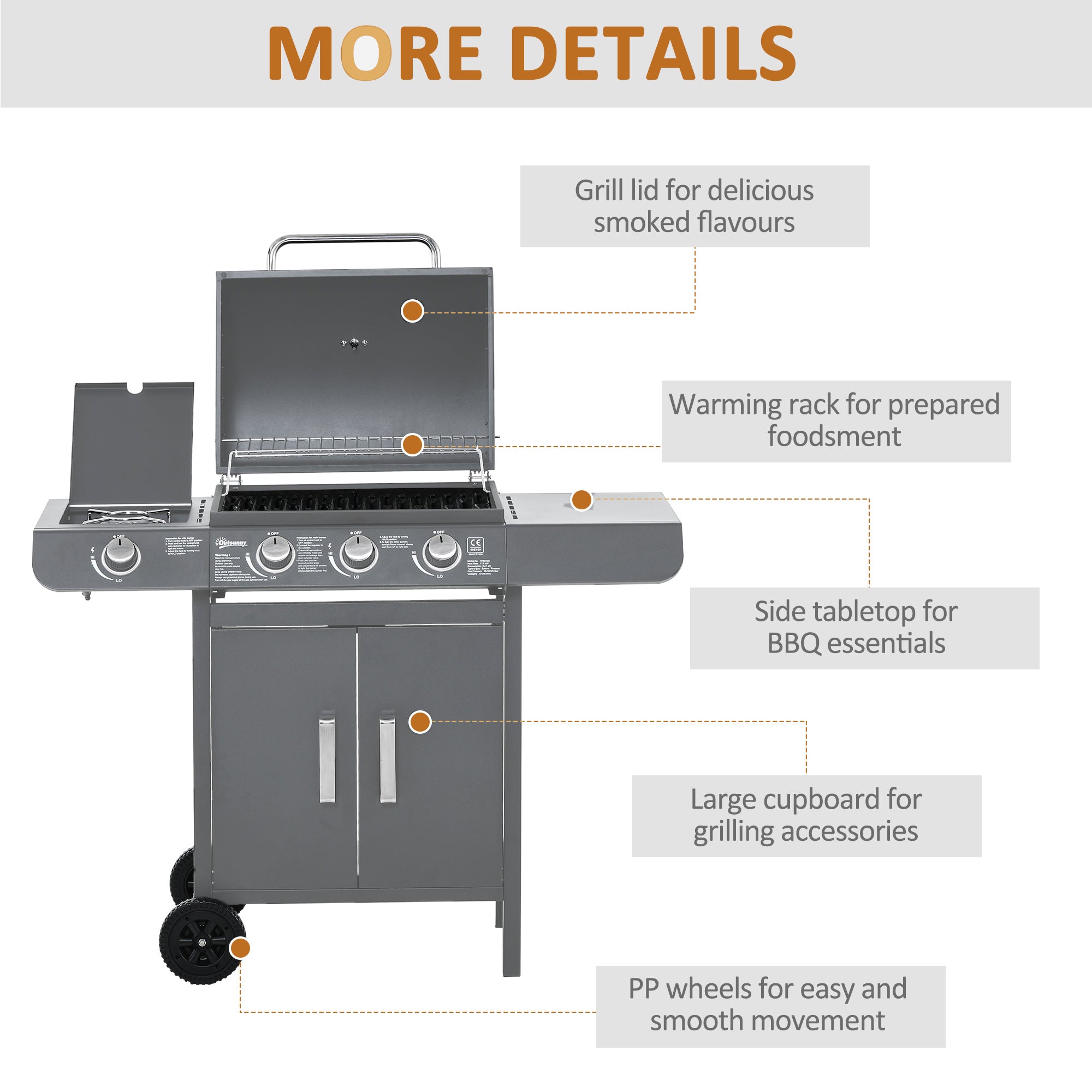 3+1 Burner Gas BBQ Grill Trolley with Wheels, Side Shelves, Cabinet & Thermometer - Grey