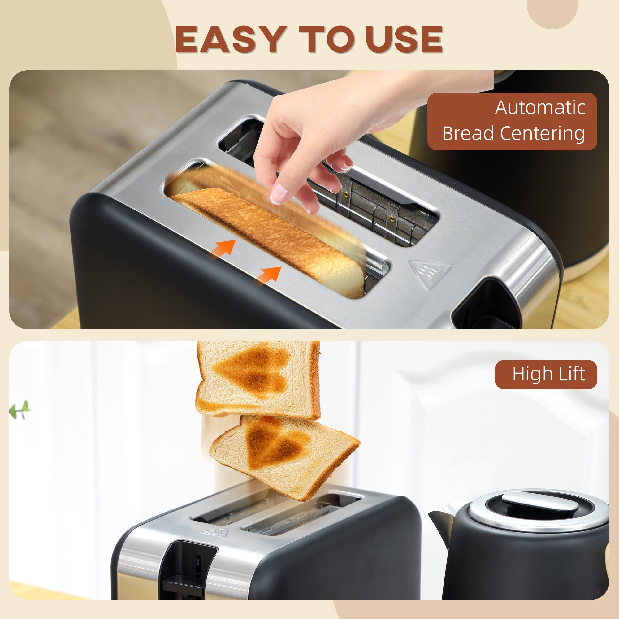 Kettle and Toaster Set, 1.7L 3000W Fast Boil Kettle & 2 Slice Toaster Kitchen Set with 7 Level Browning Controls, Defrost, Reheat, Auto Off, Boil-dry Protection, Black