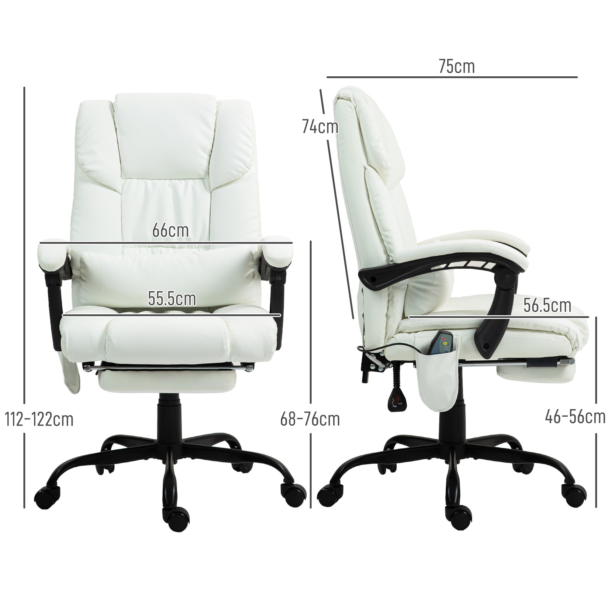 6-Point Massage Office Chair, PU Leather Desk Chair with Adjustable Height and Footrest for Home Office, White