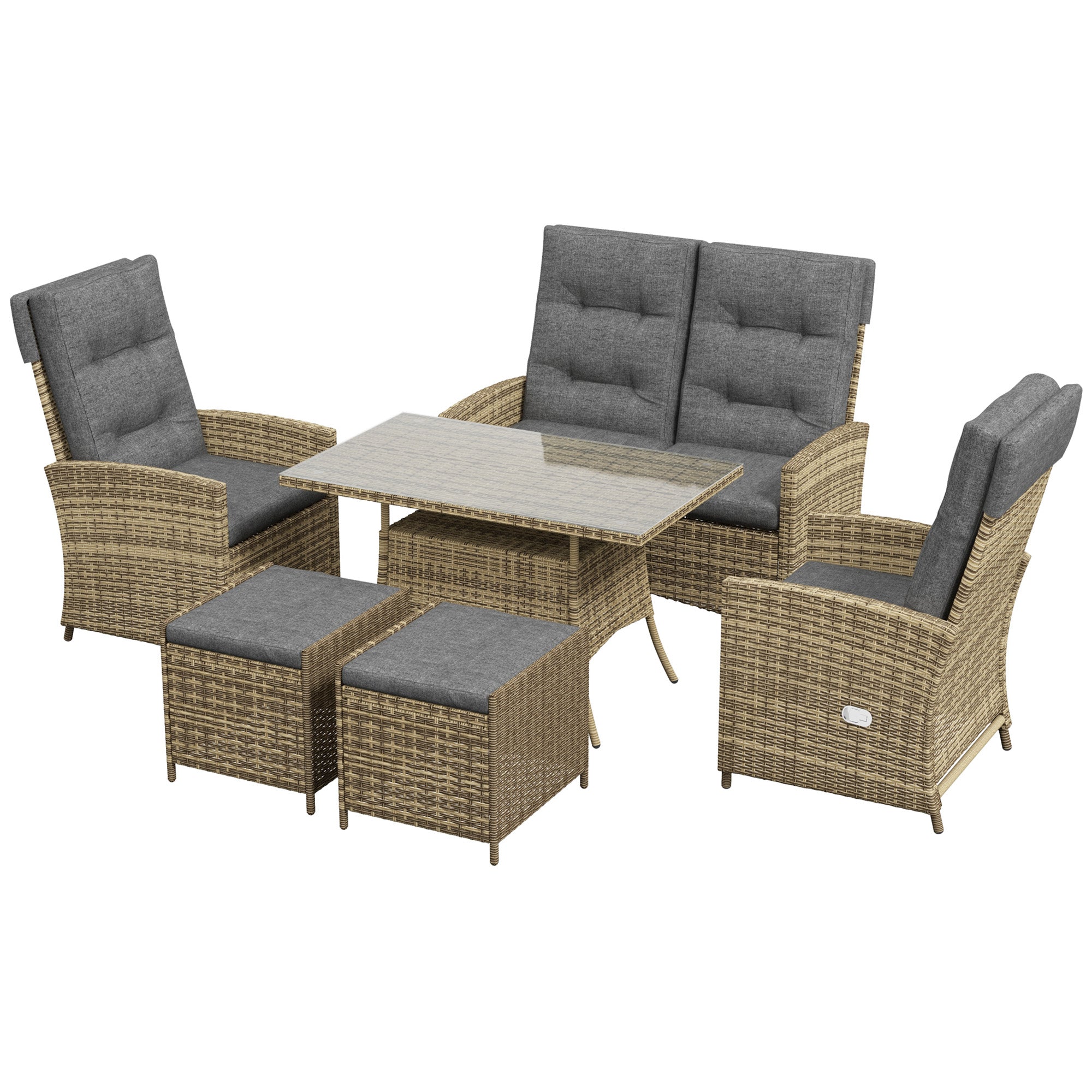 Six-Piece Rattan Garden Set, with Reclining Chairs - Grey