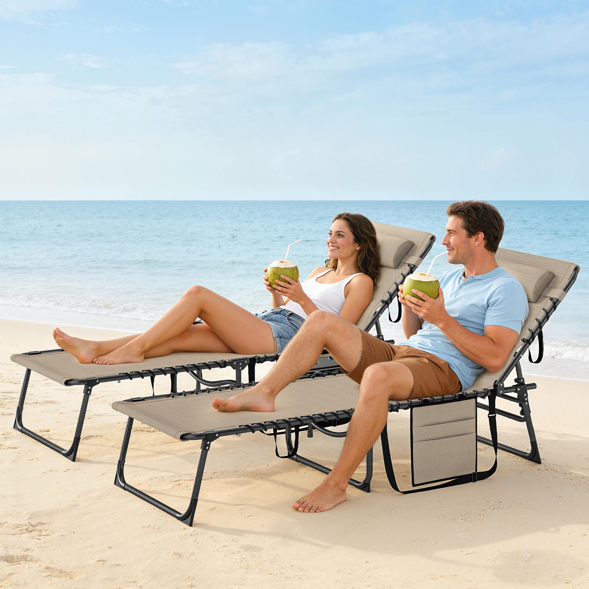 Five-Position Reclining Sun Loungers Set of 2 - Beige