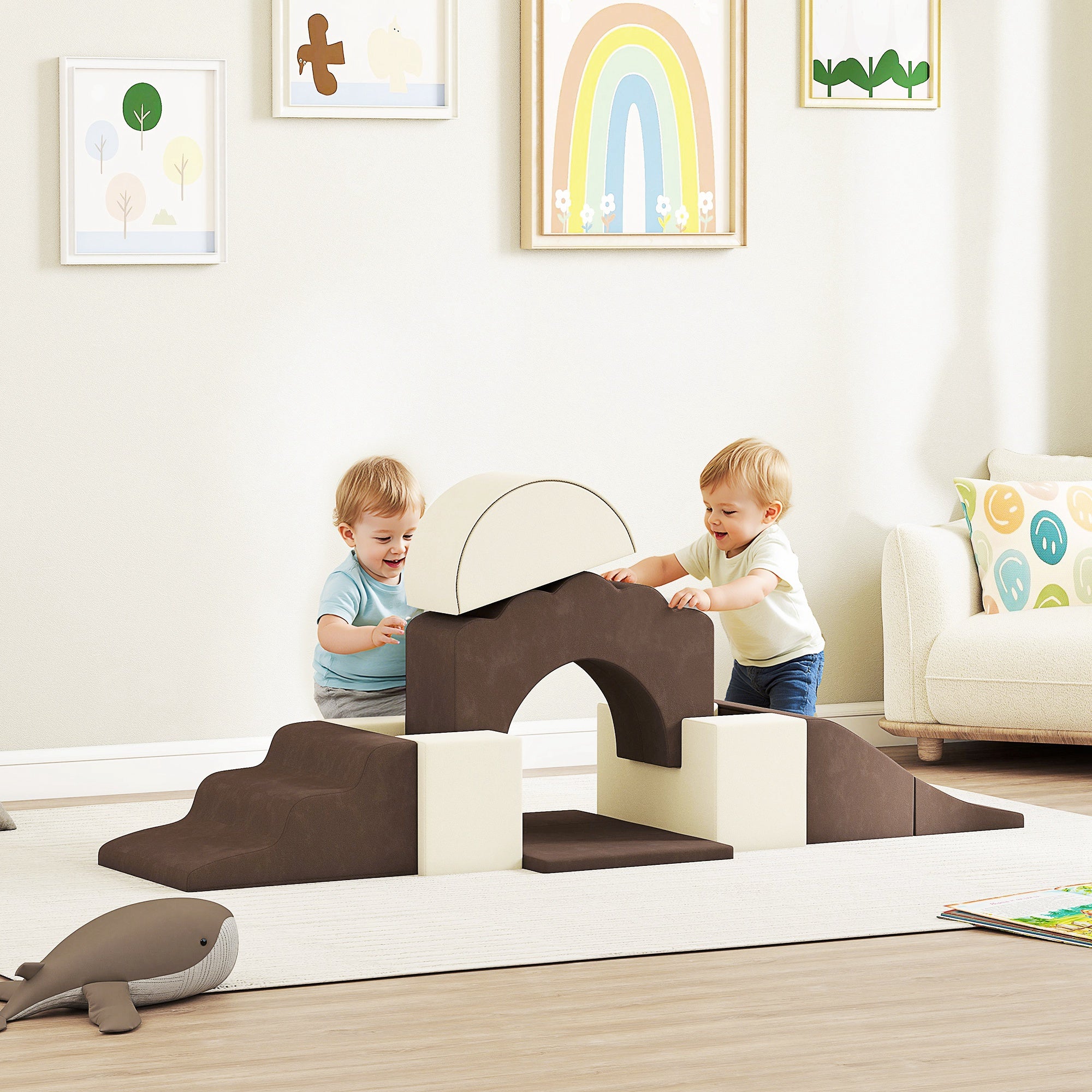 7 Piece Kids Soft Play Set with Detachable Cover, Baby Indoor Climb and Crawl Foam Toy for Toddlers, Preschoolers, Brown