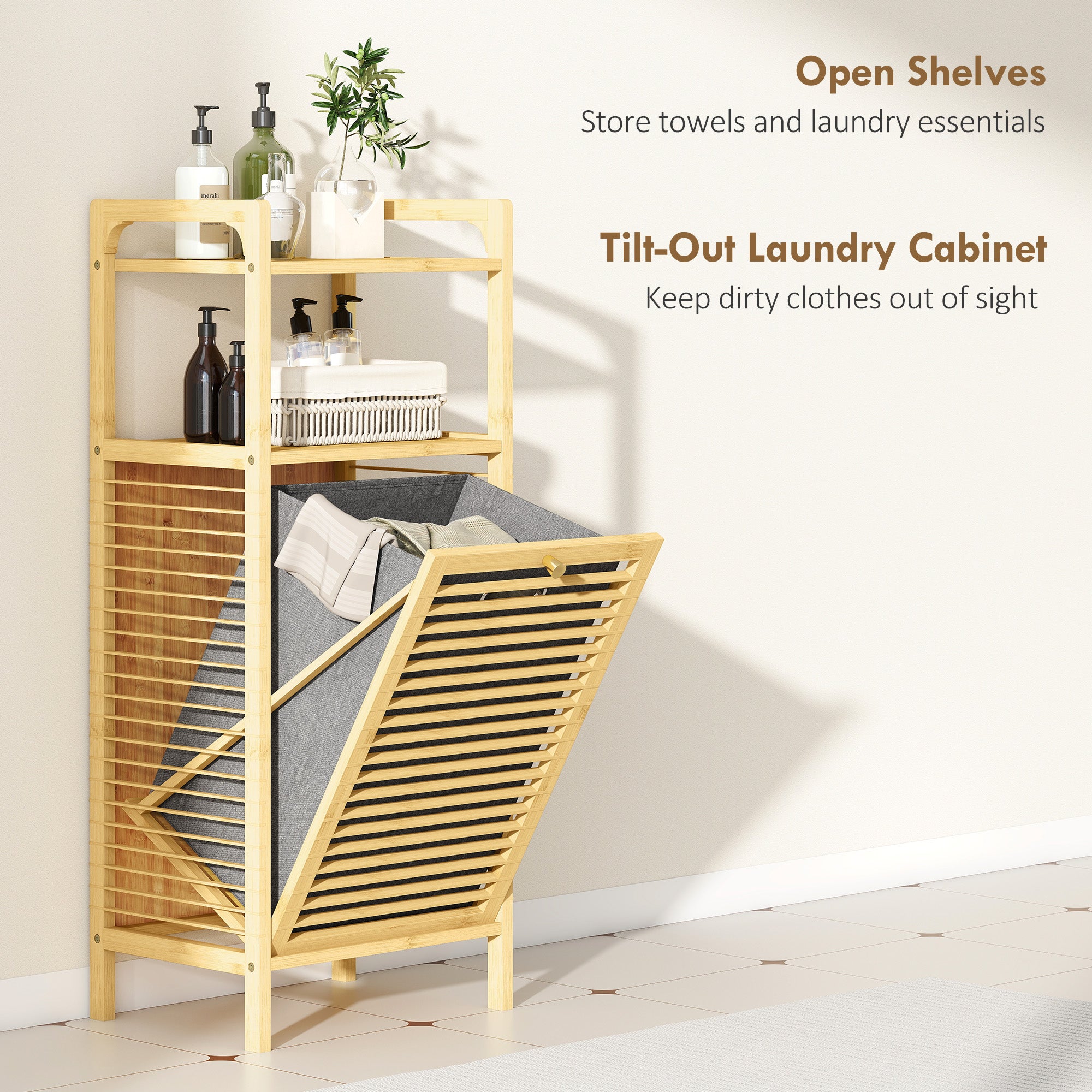 Bamboo Laundry Cabinet with Slatted Door, Bathroom Cabinet with Tilt-Out Hamper and Removable Liner Bag, 40 x 30D x 95 cm, Natural Wood Finish