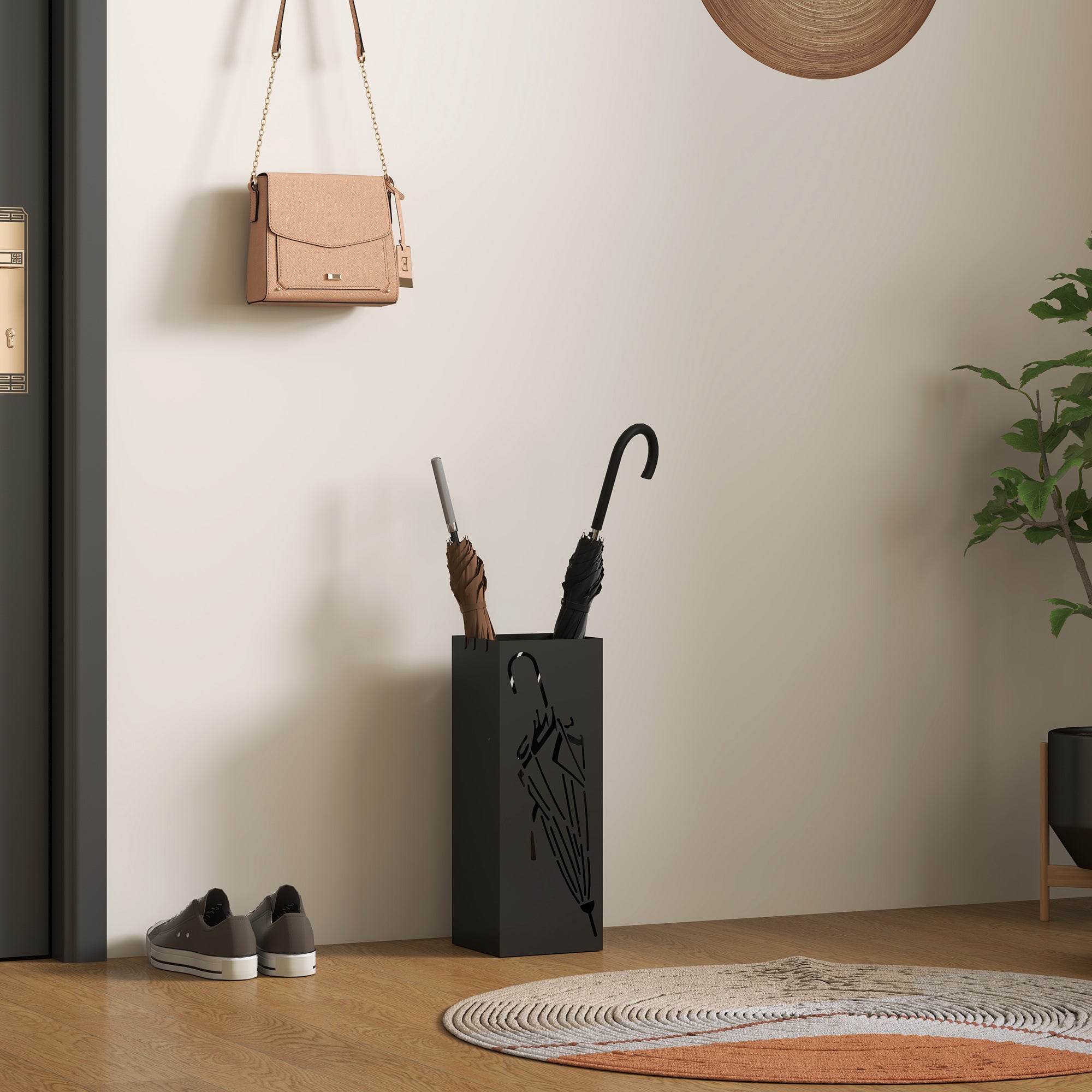 Square Metal Umbrella Stand with 4 Hooks and Removable Drip Tray 15.5x15.5x41 cm - Black