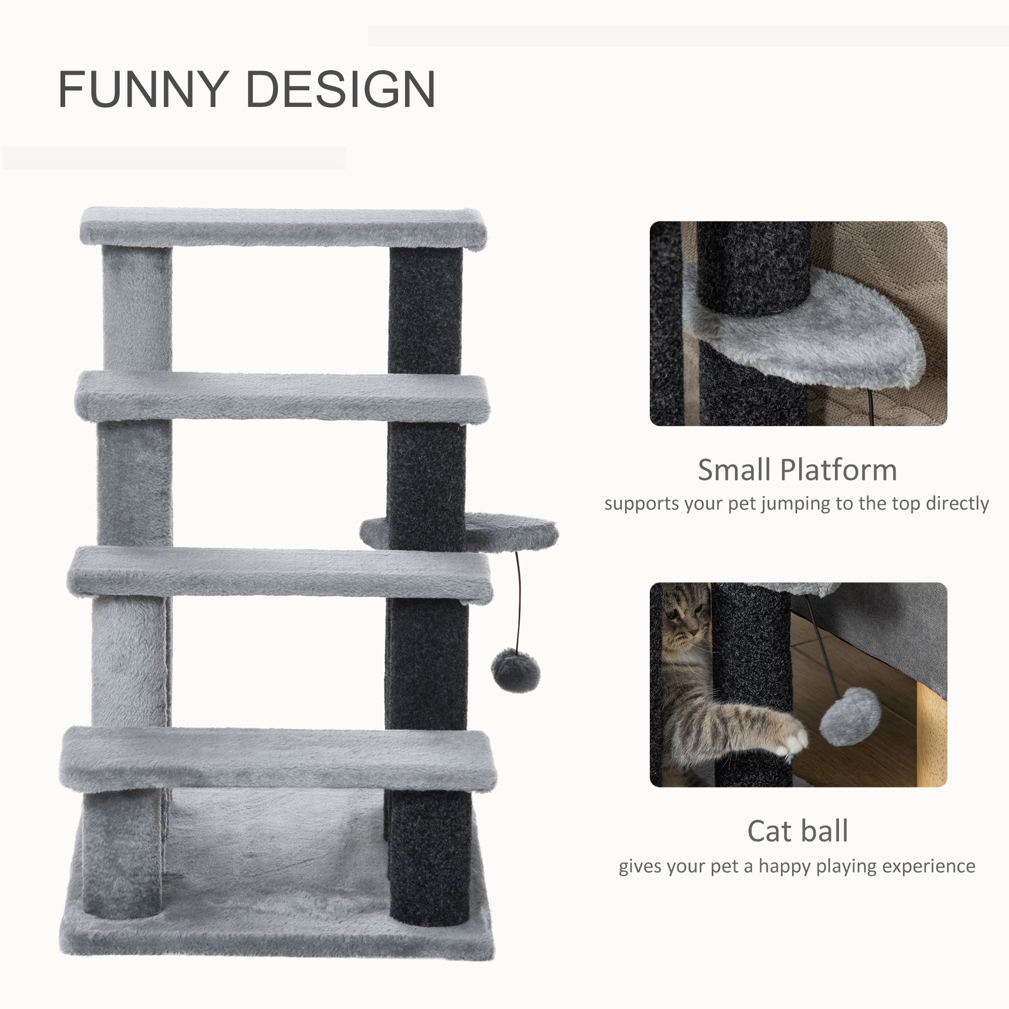 4-step Pet Stairs with Scratching Posts, Platforms, Toy Ball, Grey