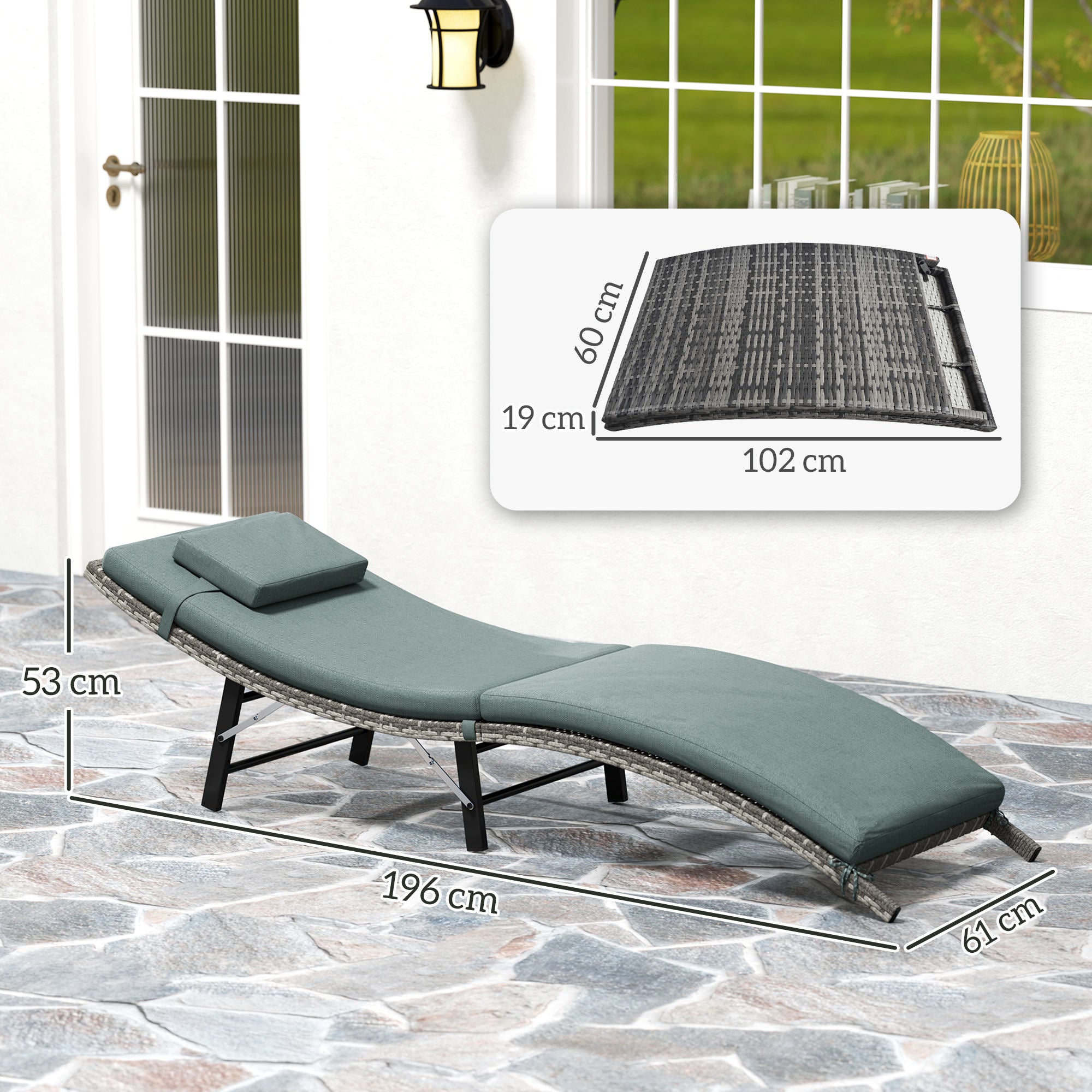 Rattan Folding Sun Lounger with Cushion and Pillow - Mixed Grey