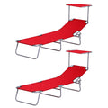 2 Piece Folding Reclining Sun Lounger with Adjustable Shade Awning for Beach Patio - Red Silver