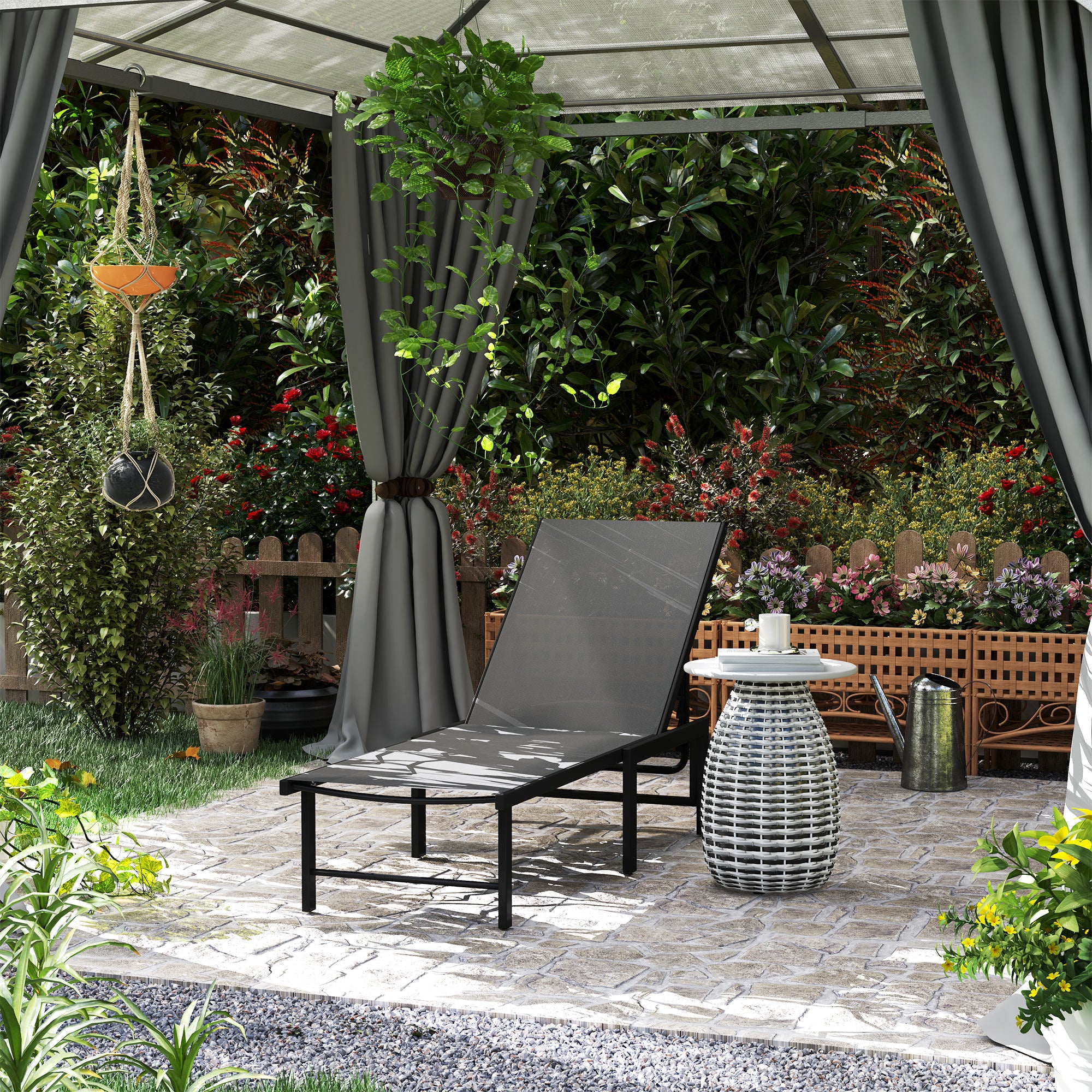 Sun Lounger for Garden, 5-Level Adjustable Reclining Sun Lounger Chair, Flat Garden Lounger Sunbed with Texteline Seat, Steel Frame for Patio, Beach, Grey