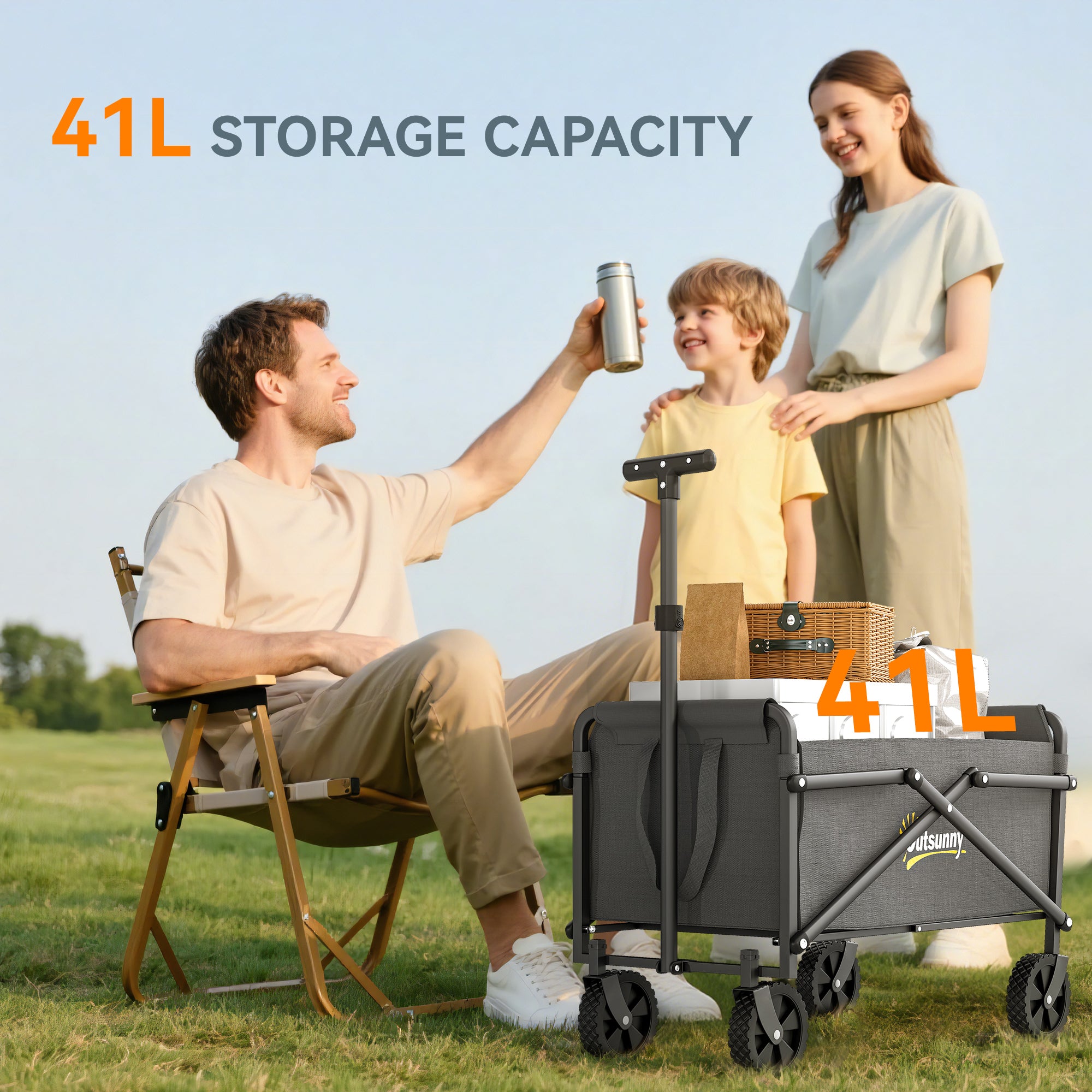 62L Festival Trolley on Wheels, Portable Small Folding Trolley Cart, 60kg Heavy Duty Collapsible Foldable Wagon with Adjustable Handle and Carrying Bag for Beach, Camping, Garden, Grey