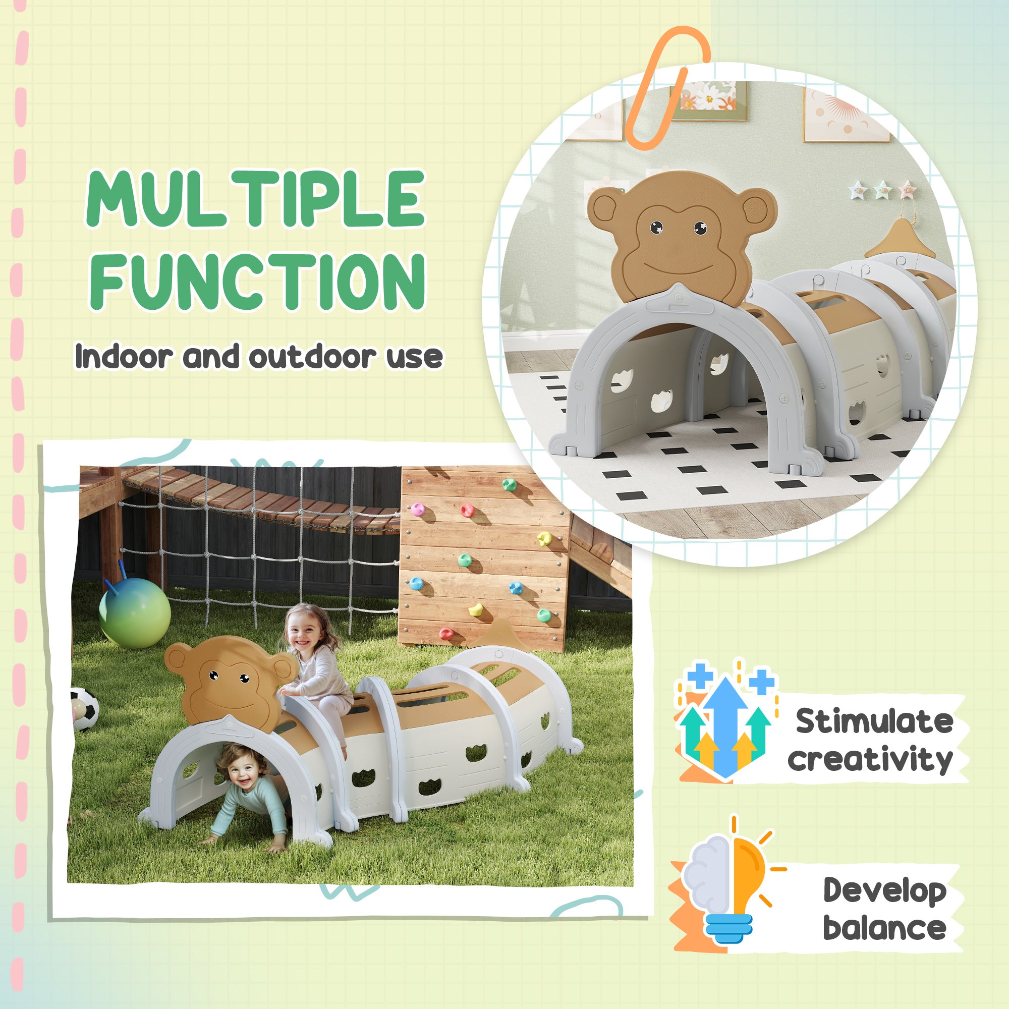 Monkey Design Kids Play Tunnel for Crawl and Climb, for 3-6 Years, Brown