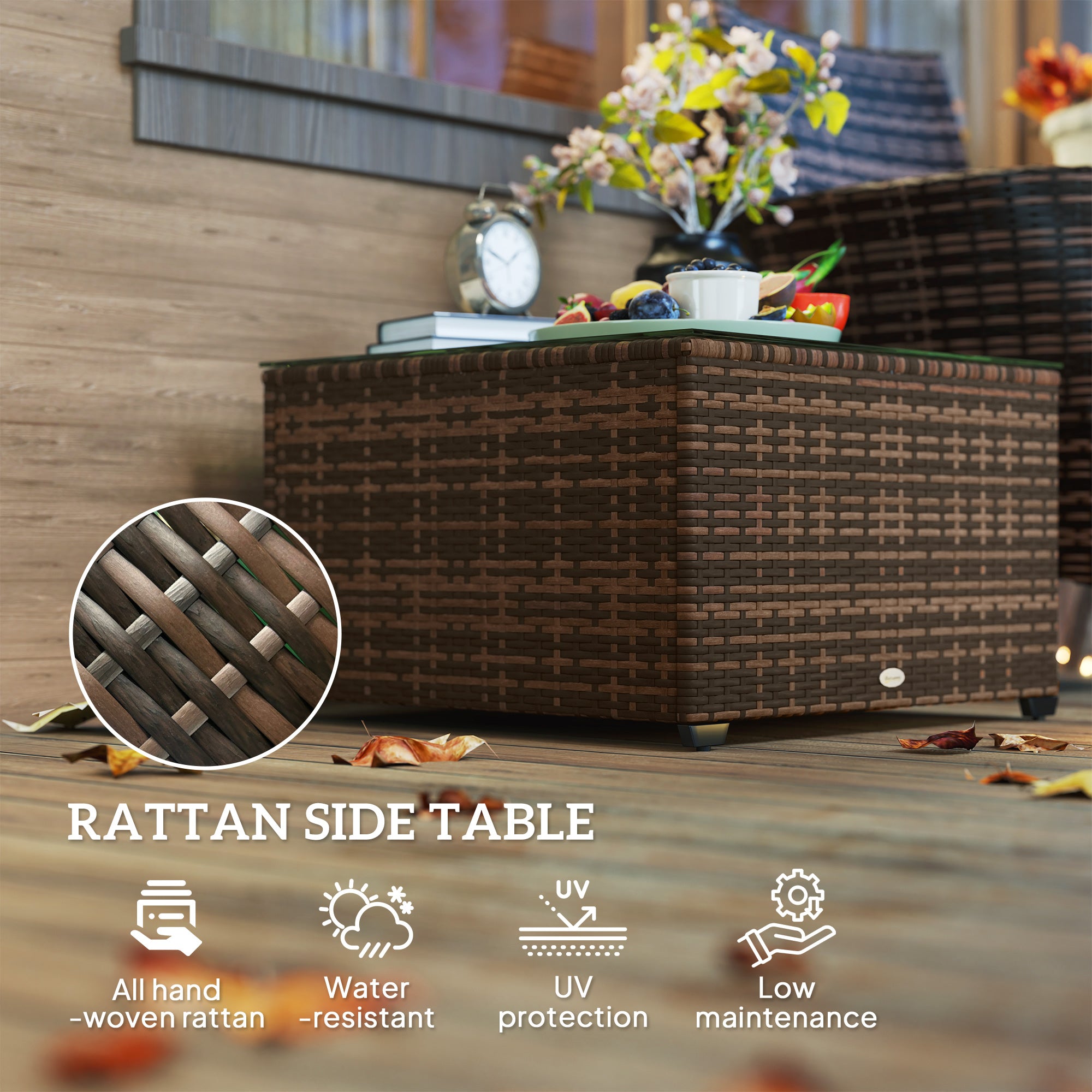 62cm Glass Top Rattan Side Table with Tempered Glass - Brown