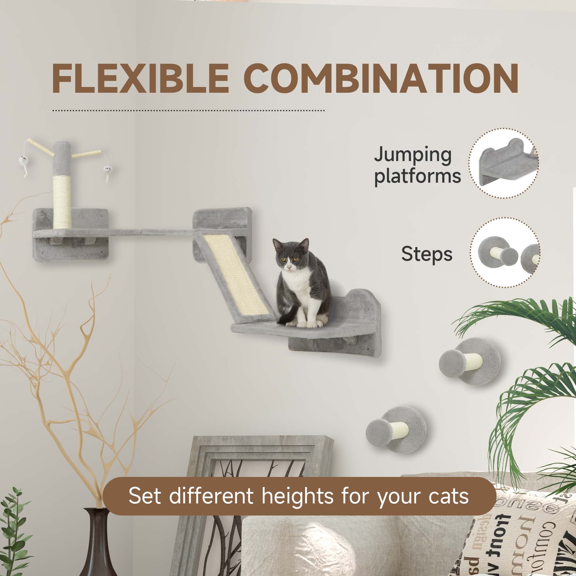 3-Piece Cat Wall Furniture with Scratching Posts, Scratching Pads, Perches, Cat Wands, Toy Balls, Light Grey