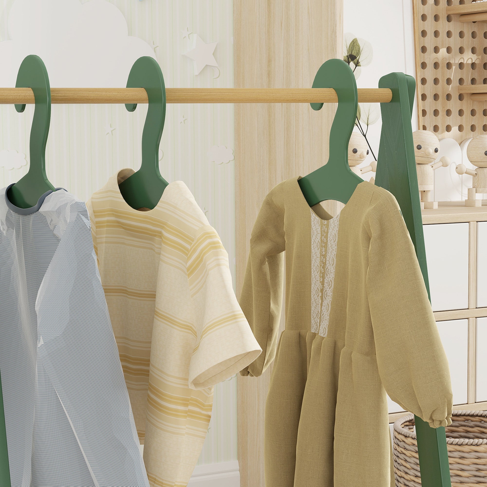 Kids Clothes Rail with 3Hangers, Bottom Storage Shelf for Girls, Boys, Nursery, Bedroom, Green