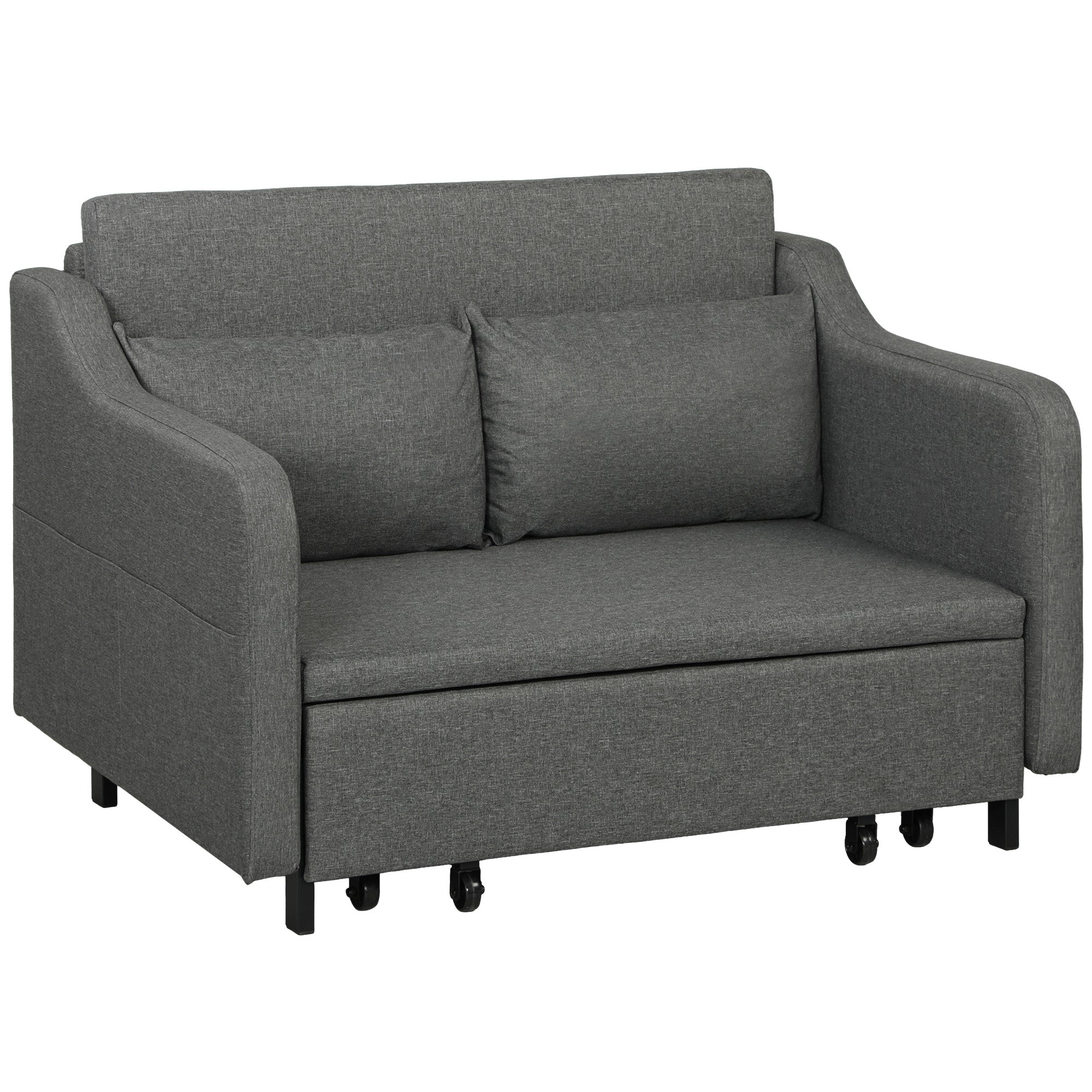 Two-Seater Pull-Out Sofa Bed with Pillows and Storage Pockets - Grey