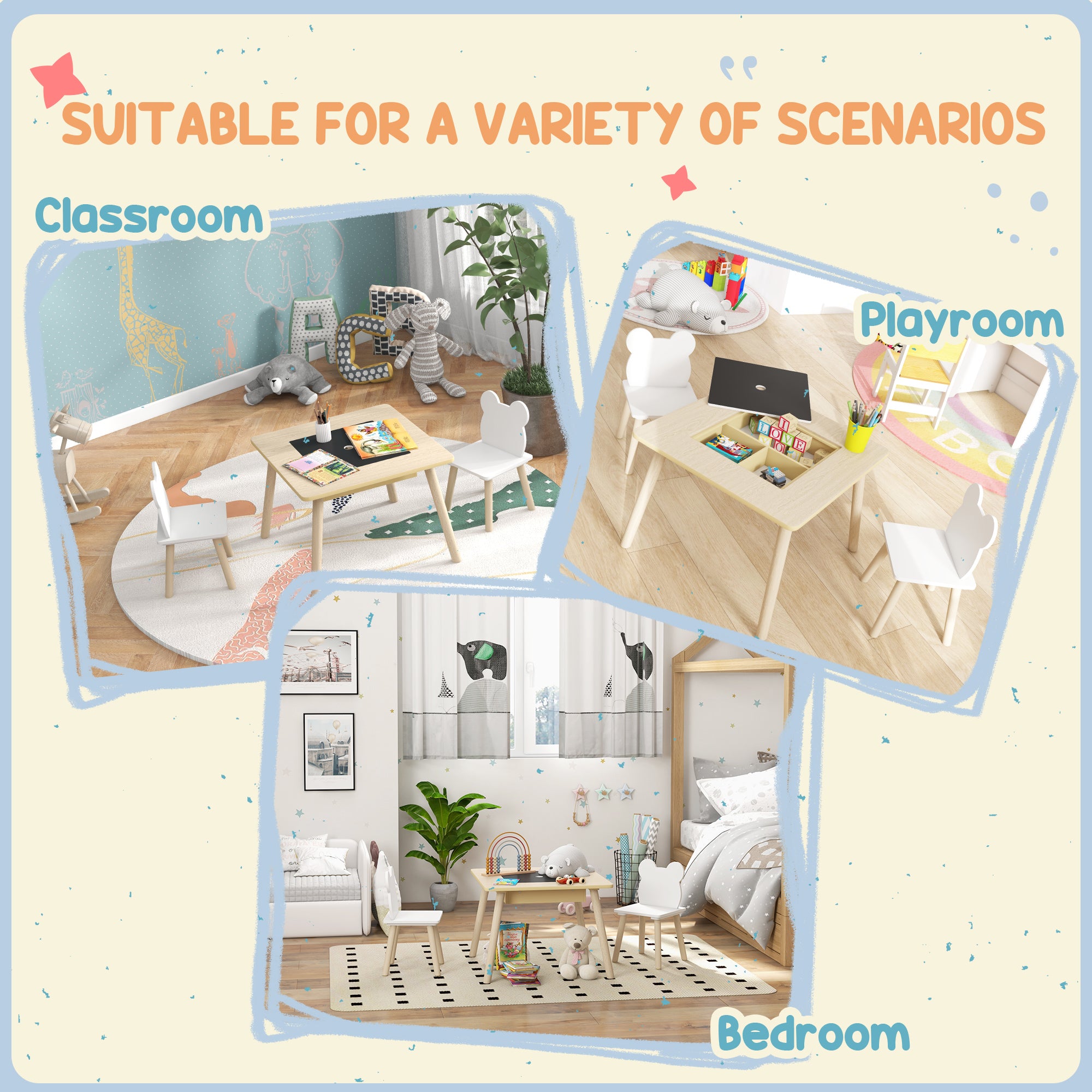 3-Piece Kids Table and Chairs Set with Convertible Desk and Storage Grid, Kids Activity Table for Nursery, Playroom