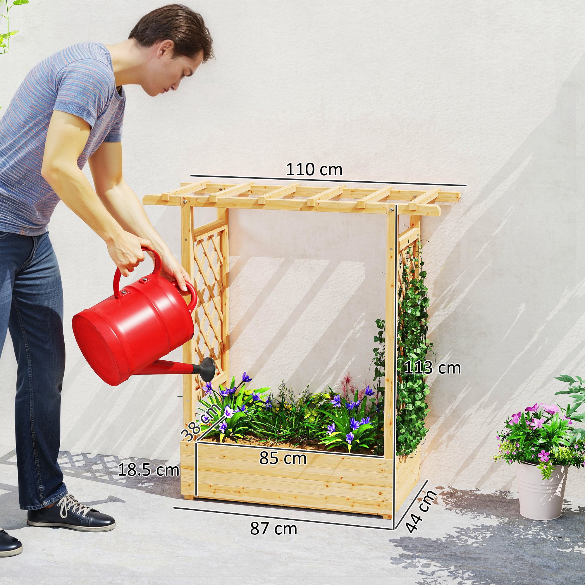 Garden Planter with Trellis, Wooden Raised Bed for Garden with Hanging Roof and Drainage Holes, Outdoor Trellis Planter Box for Vegetables, Herbs and Flowers, 110 x 44 x 113 cm, Natural