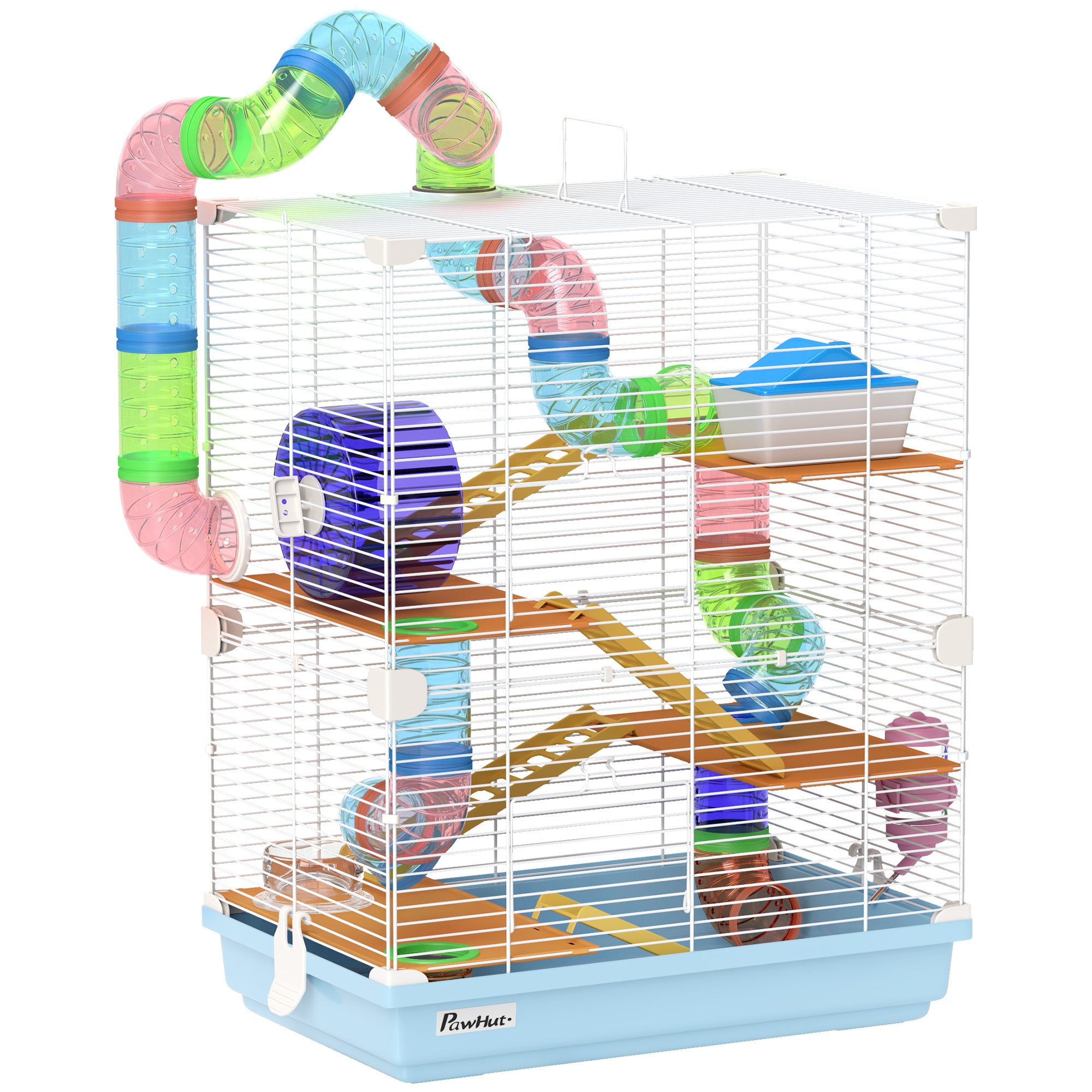 5 Tier Hamster Cage Carrier Habitat w/ Exercise Wheels, Tunnel, Light Blue