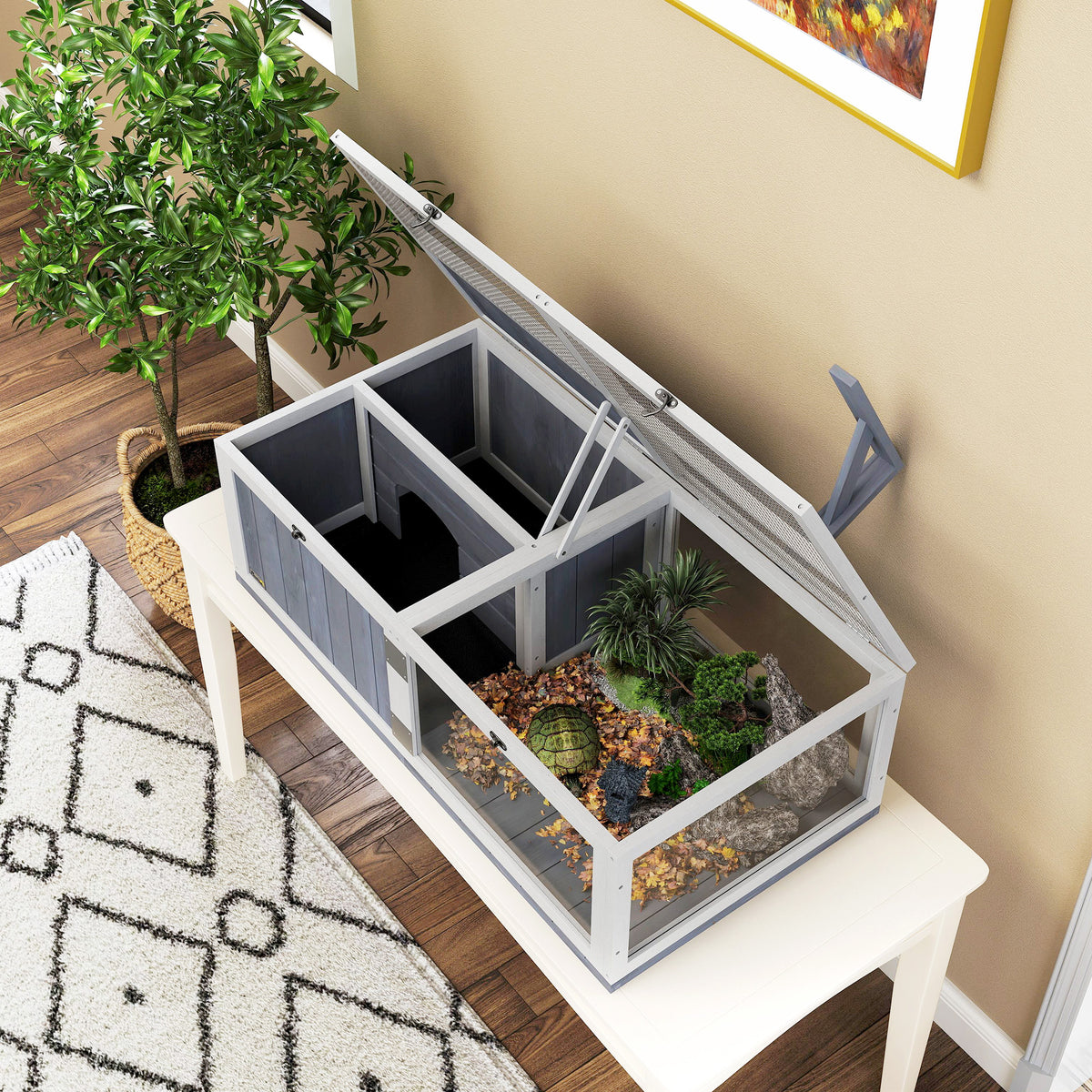 Wooden Tortoise House with Lamp Holder, Observation Window & Openable Tops - Light Grey