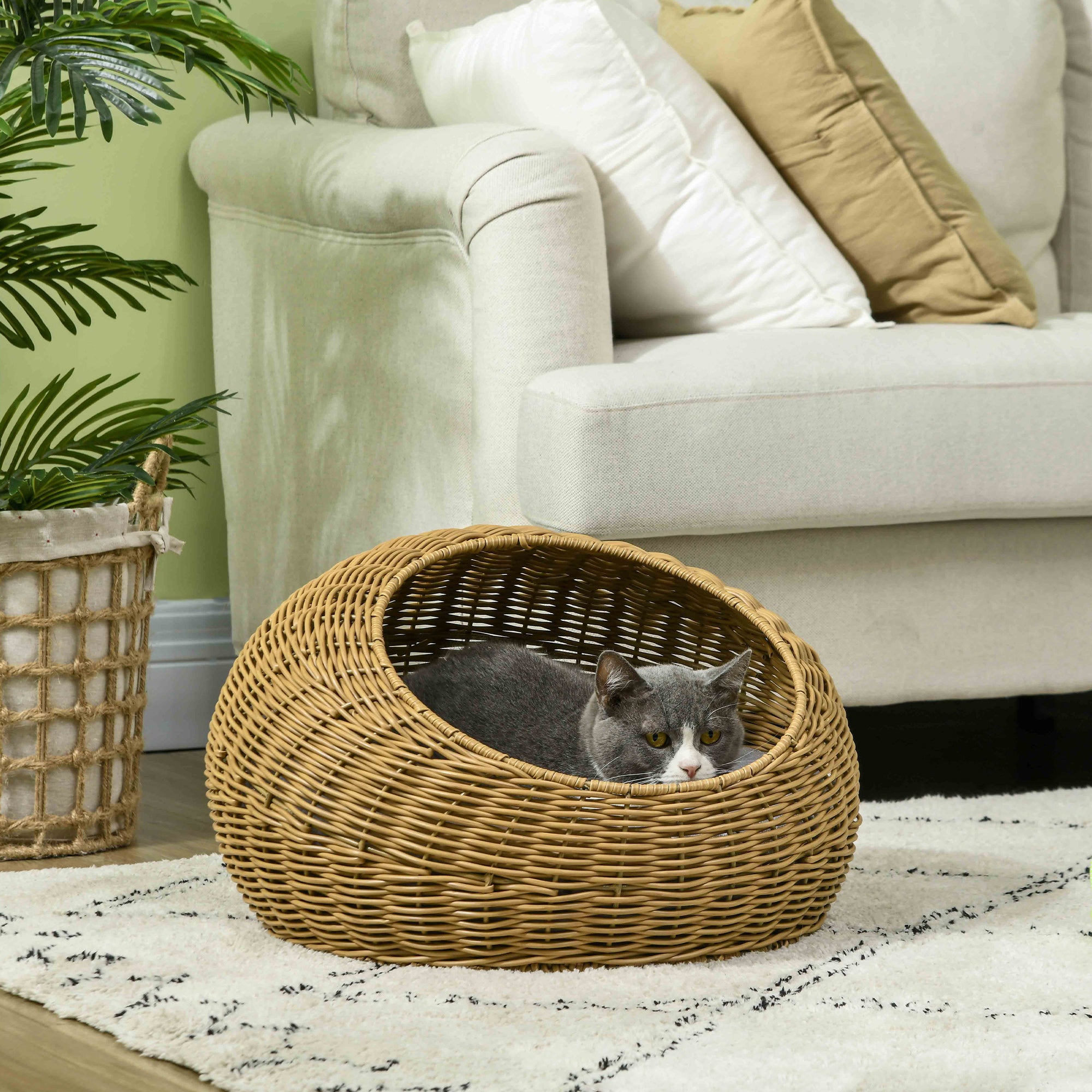 Wicker Cat House with Washable Cushion for Indoor Cats, Light Brown