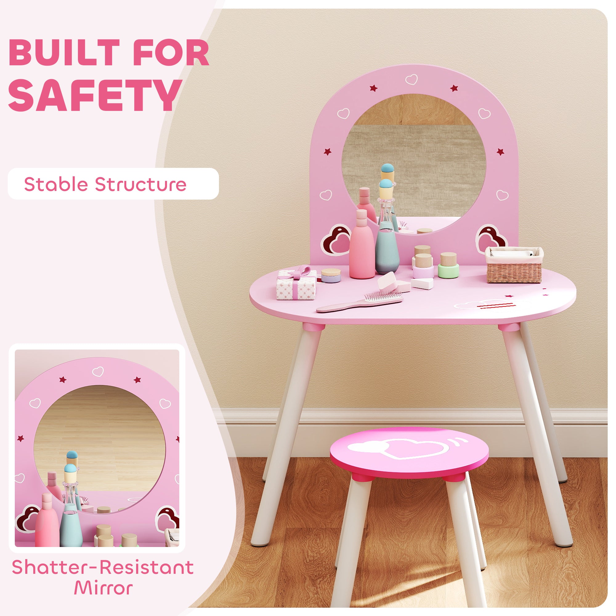 Kids Dressing Table with Mirror and Stool, Girls Vanity Set for Kids Room, Bedroom, Nursery, for Ages 3–6 Years, Pink