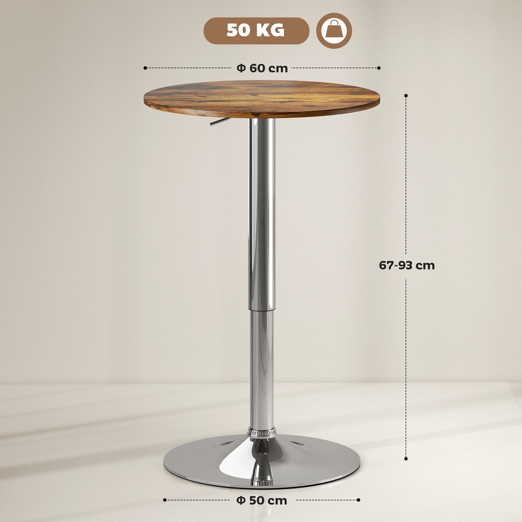 Round Bar Table, 360 Degree Swivel Counter Pub Table with Adjustable Height, for Kitchen, Cafe, Rustic Brown