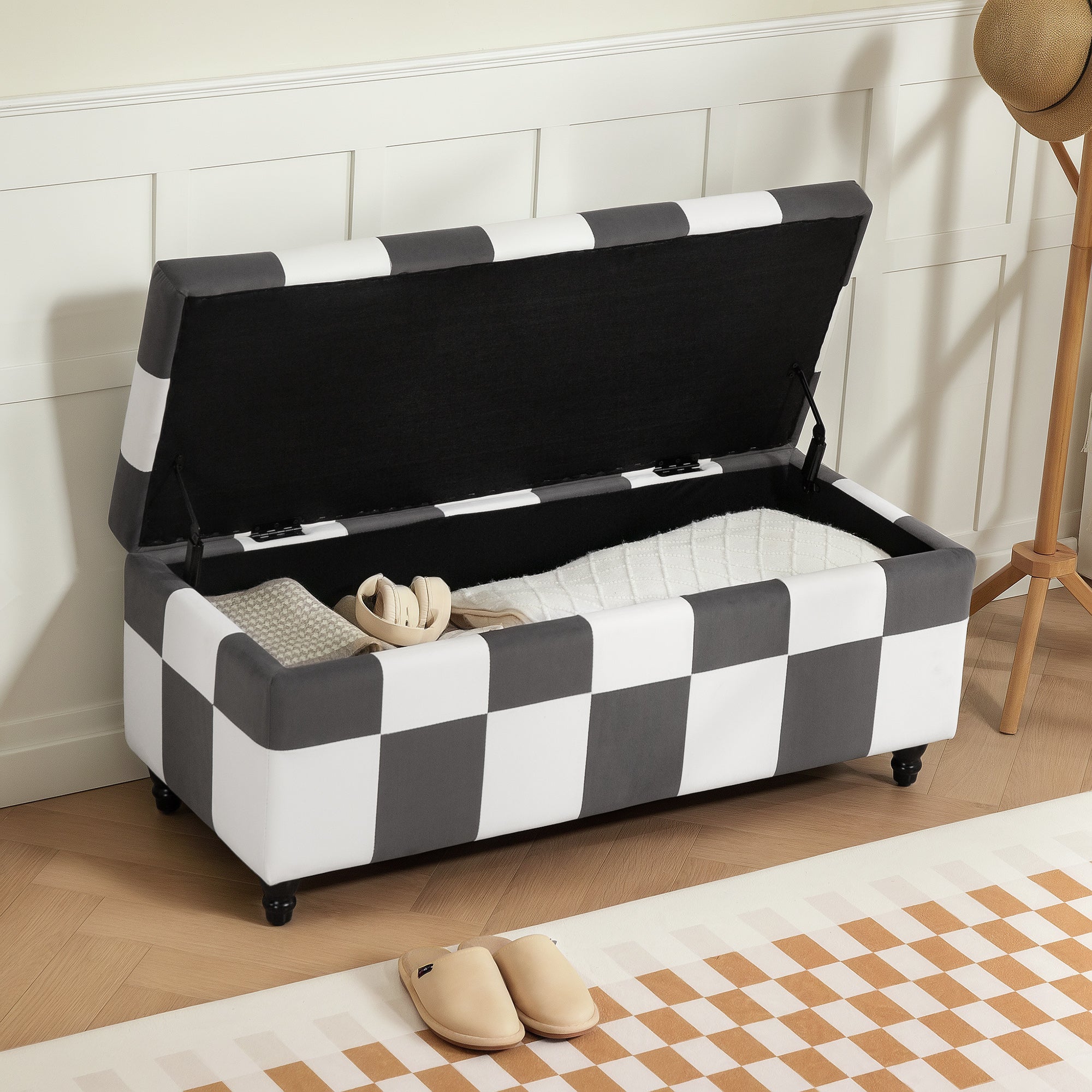 Storage Ottoman, Storage Bench with Wood Legs, Footstool, Footrest with Velvet Surface for Bedroom, Hallway, Living Room, 114 x 47 x 47 cm, Dark Grey and White