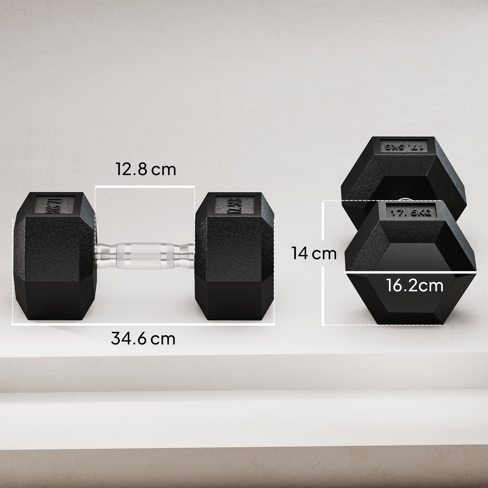 2x17.5KG Rubber Hex Dumbbell Portable Hand Weights Dumbbell Home Gym