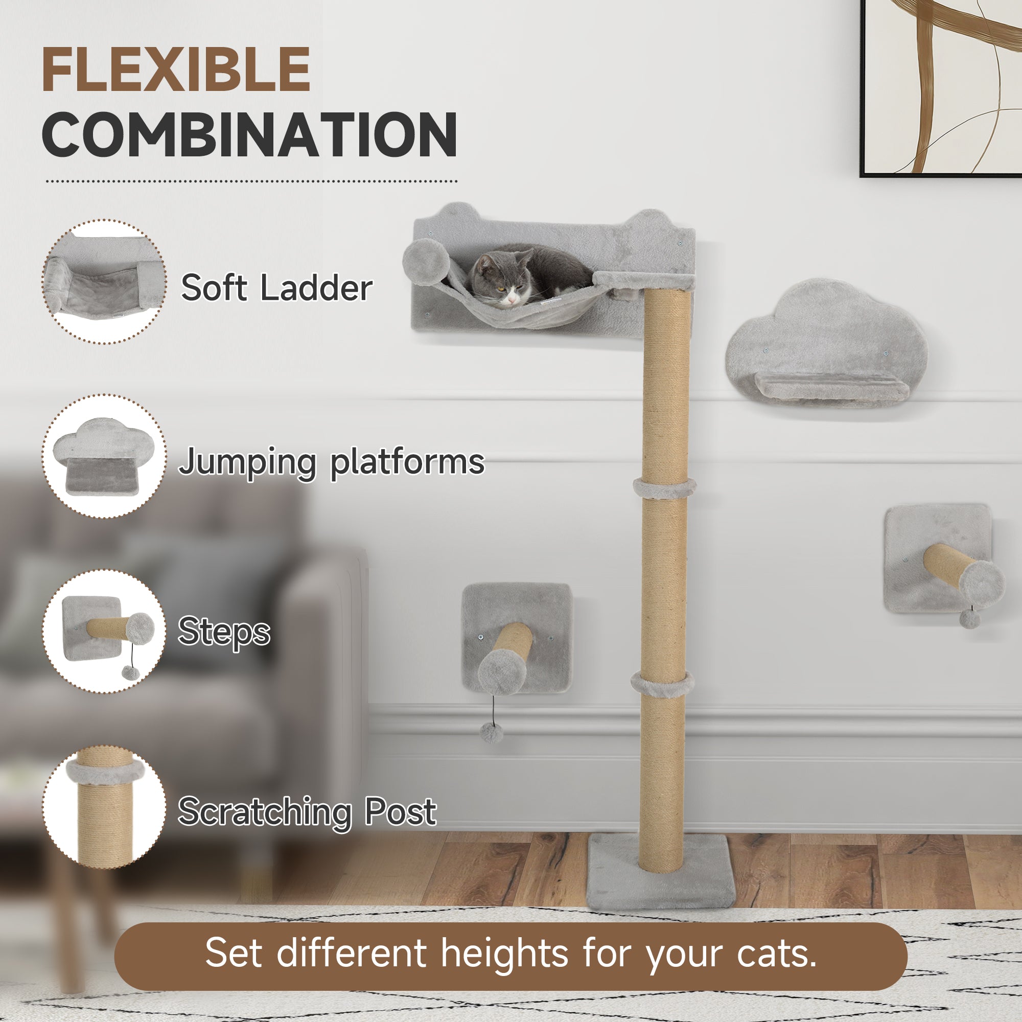 4 Piece Cat Shelves w/ Scratching Post, Steps, Jumping Platform, Ladder, Toy Balls, for Indoor Cats, Light Grey