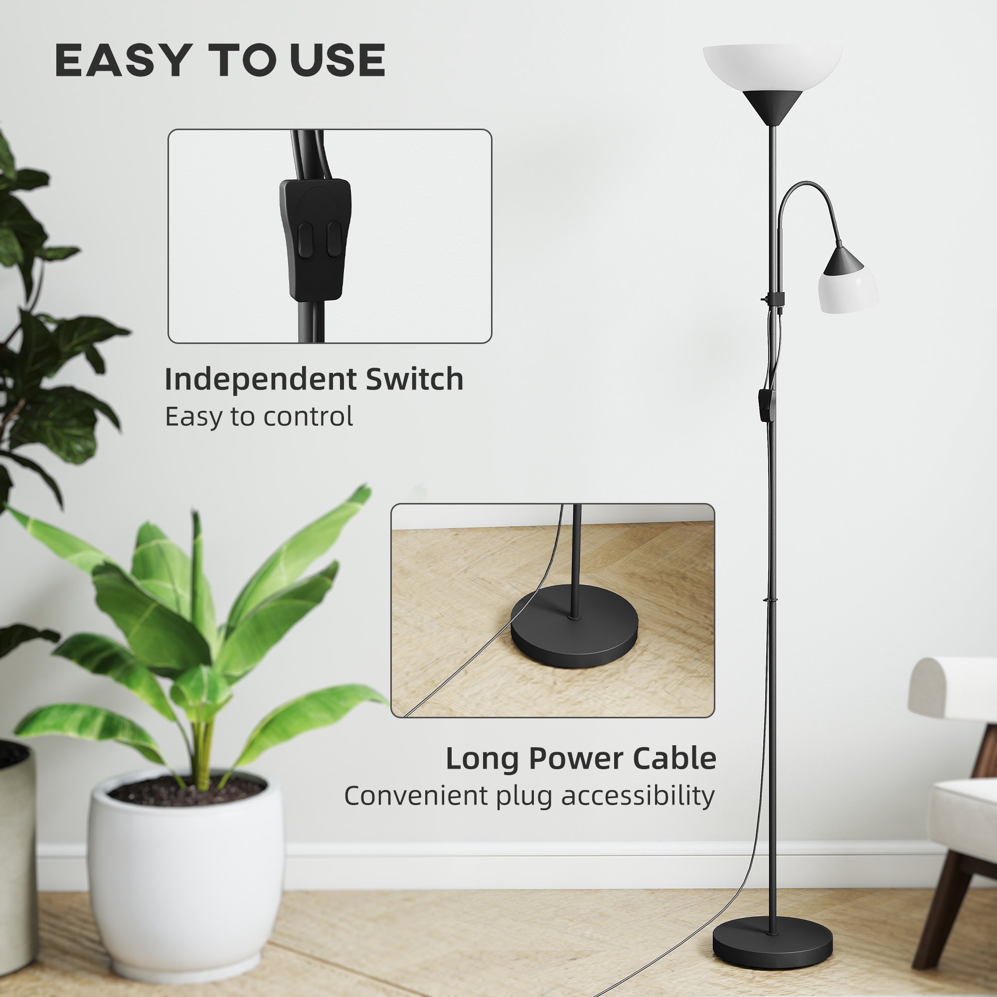 LED Floor Lamp for Living Room, 180cm Tall Standing Lamp, Mother and Child Uplighter with Adjustable Gooseneck, Black