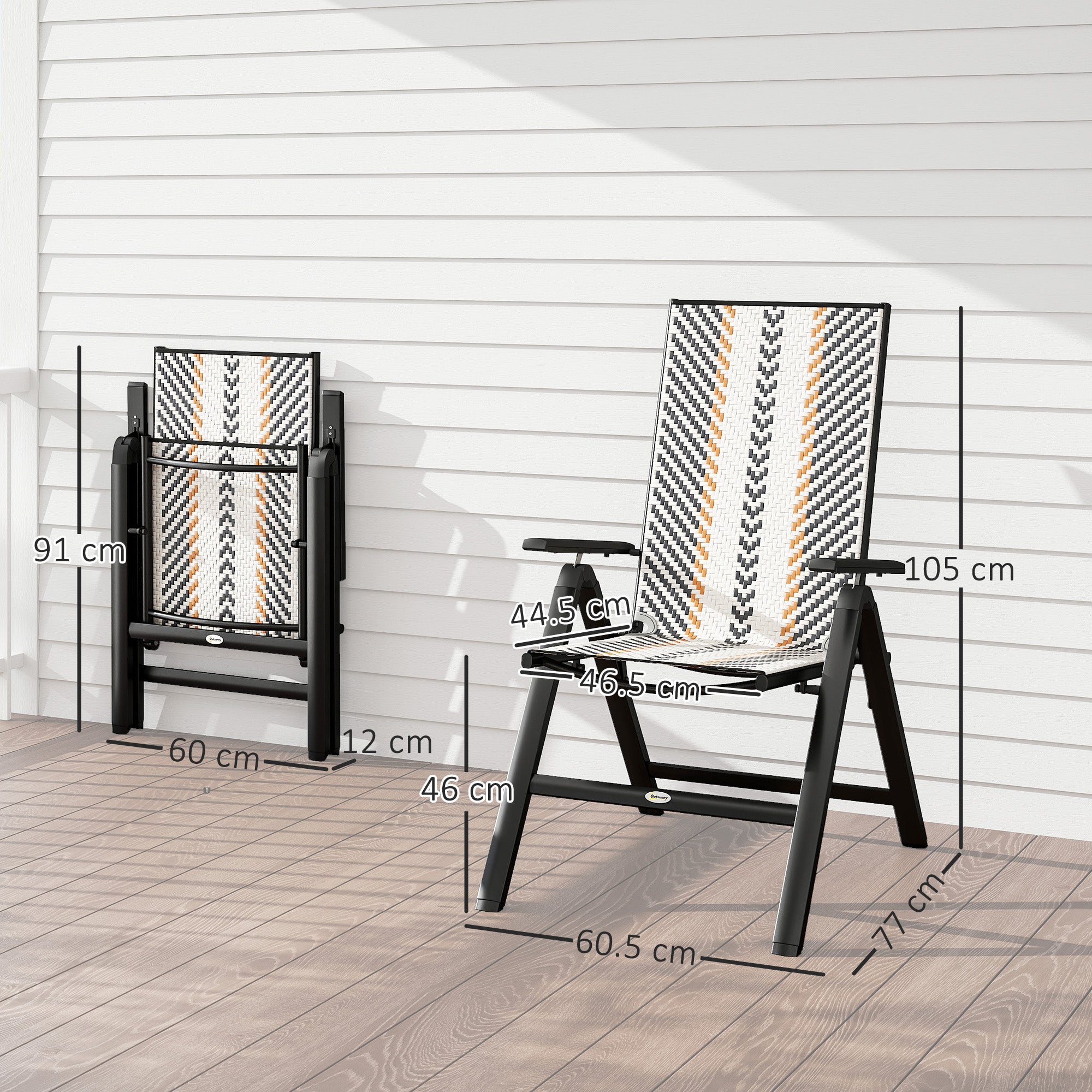 Outdoor Rattan Folding Chair with 5-Position Adjustable Backrest, Wicker Garden Dining Chair with Wide Armrest, Set of 2 for Patio, Terrace, Balcony, Black