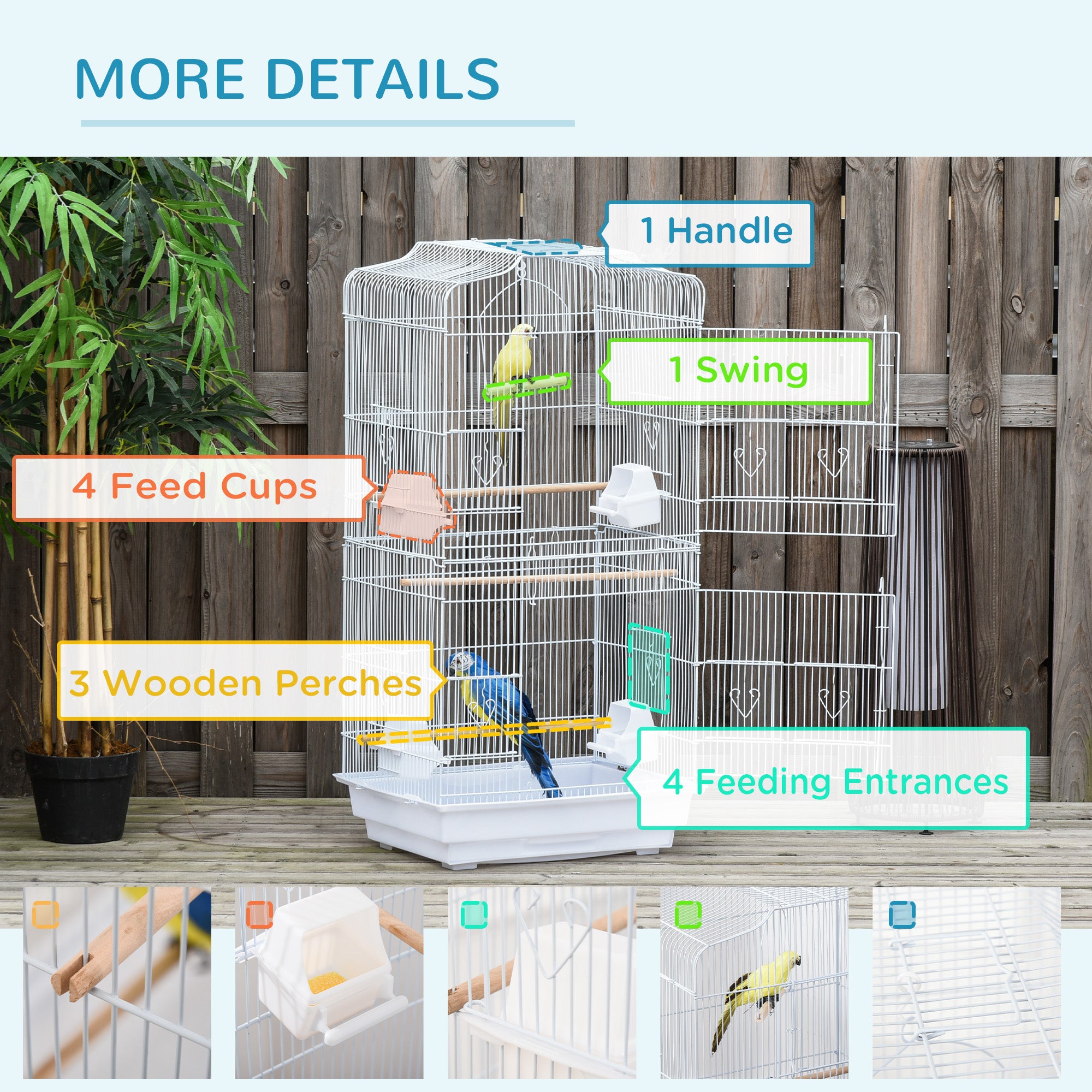 Large Metal Bird Cage with Perches, Food Bowls, Swing, for Budgies, Parakeets, White
