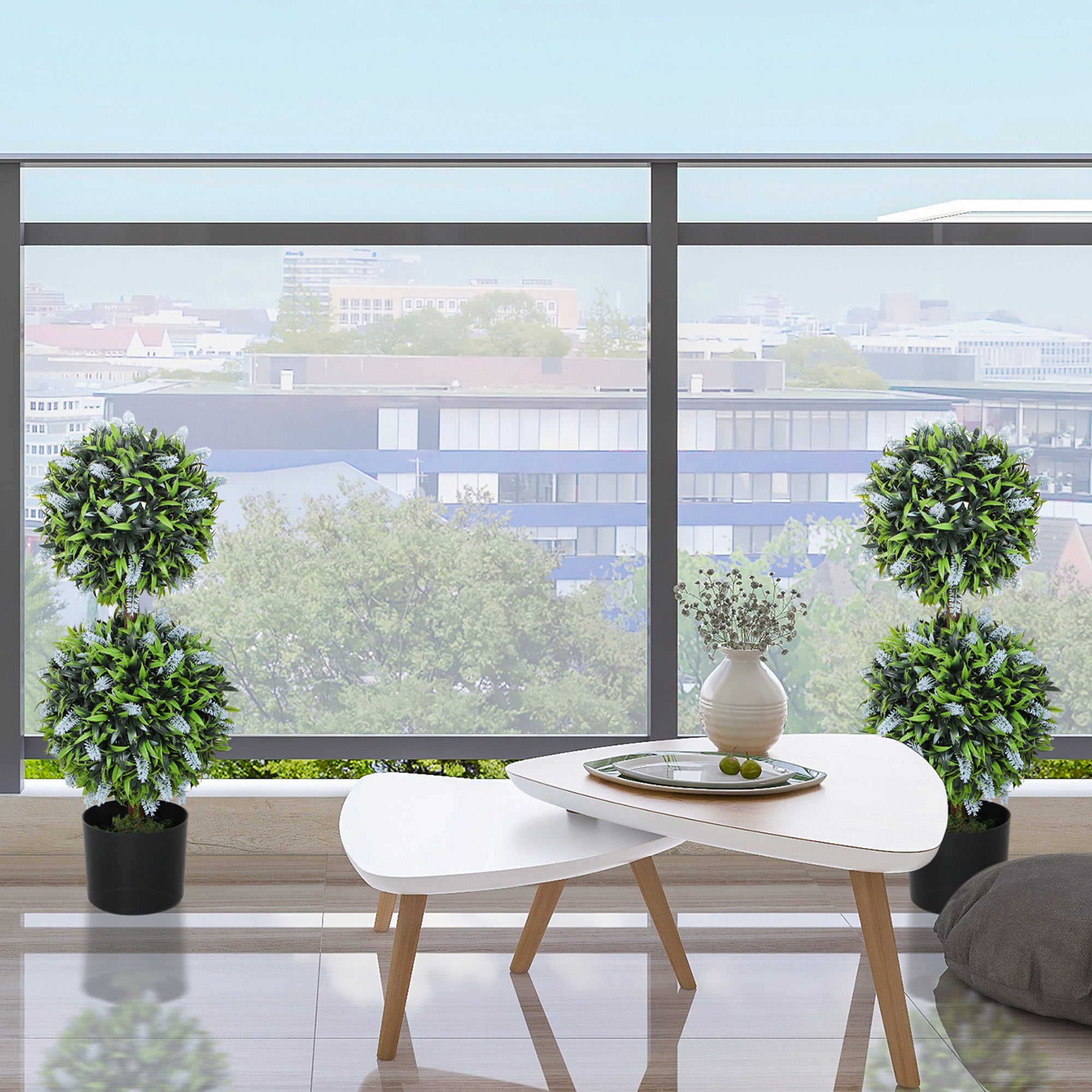 Set of 2 Decorative Artificial Plants Ball Trees with Lavender Flowers in Pot Fake Plants for Home Indoor Outdoor Decor, 70cm, Blue