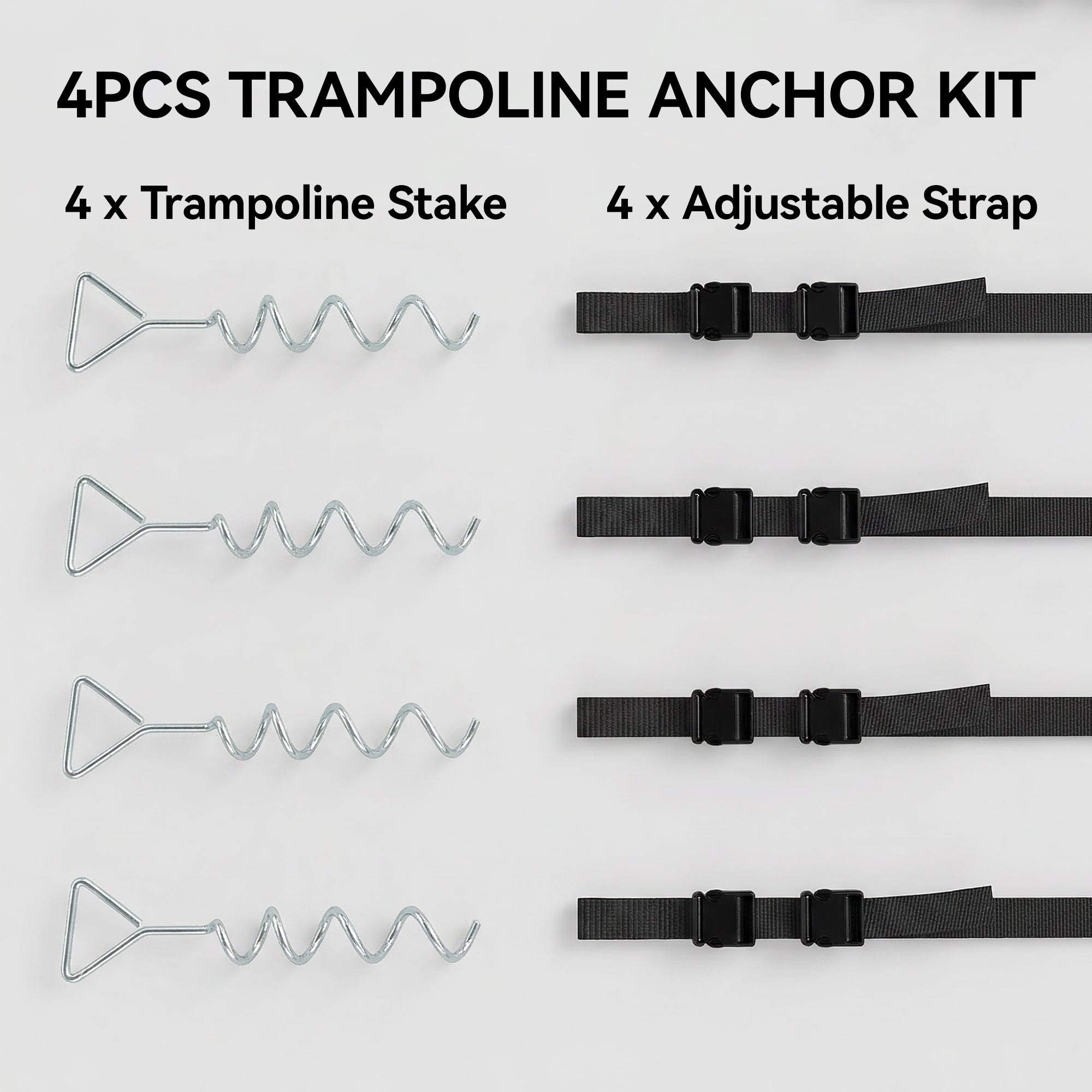 4Pcs Trampoline Anchor Kit, 32 cm Galvanised Trampoline Stakes, Spiral Ground Anchors with Triangle Head, Straps
