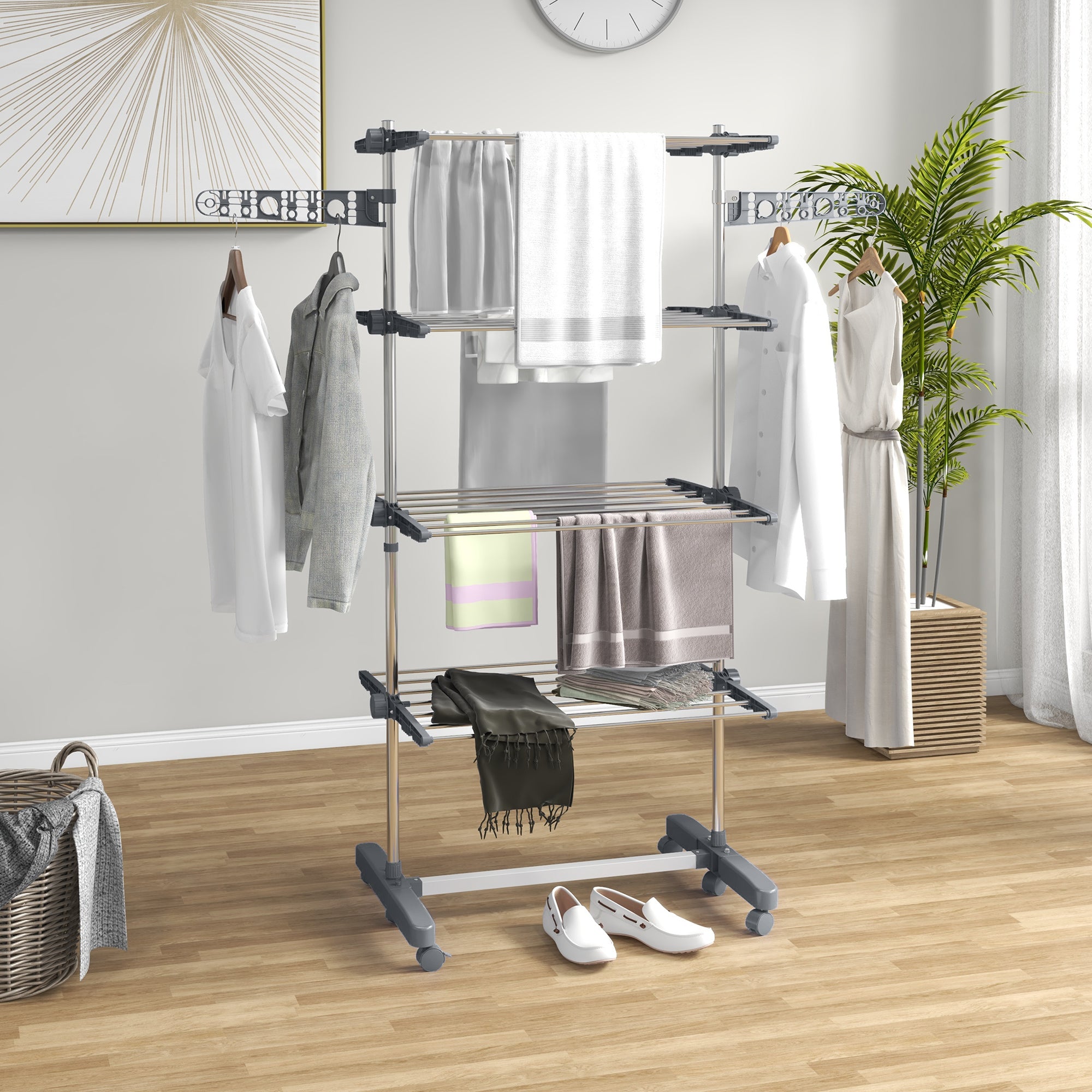 Four-Shelf Collapsing Clothes Horse, With Side Arms and Wheels - Grey