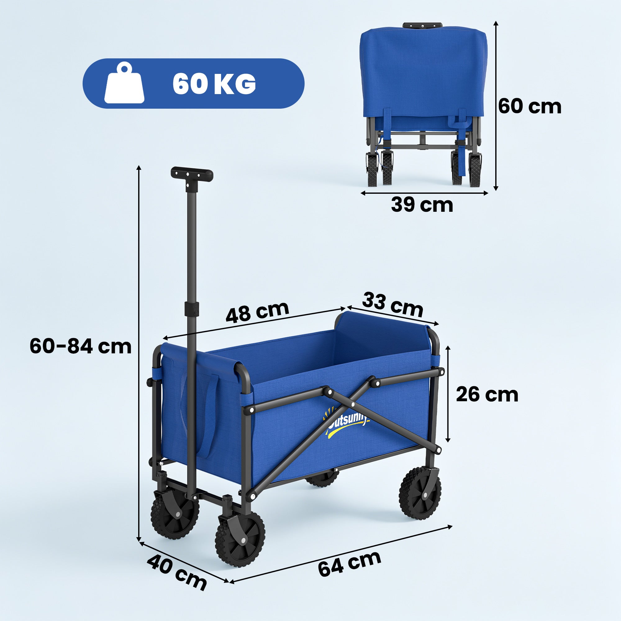 62L Festival Trolley on Wheels, Portable Small Folding Trolley Cart, 60kg Heavy Duty Collapsible Foldable Wagon with Adjustable Handle and Carrying Bag for Beach, Camping, Garden, Blue